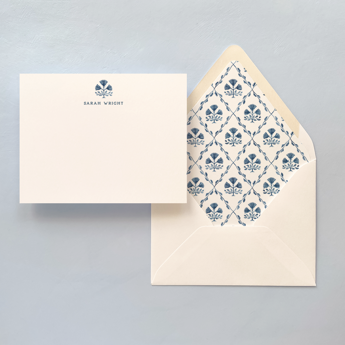 Notecard with blue and white pattern and envelope