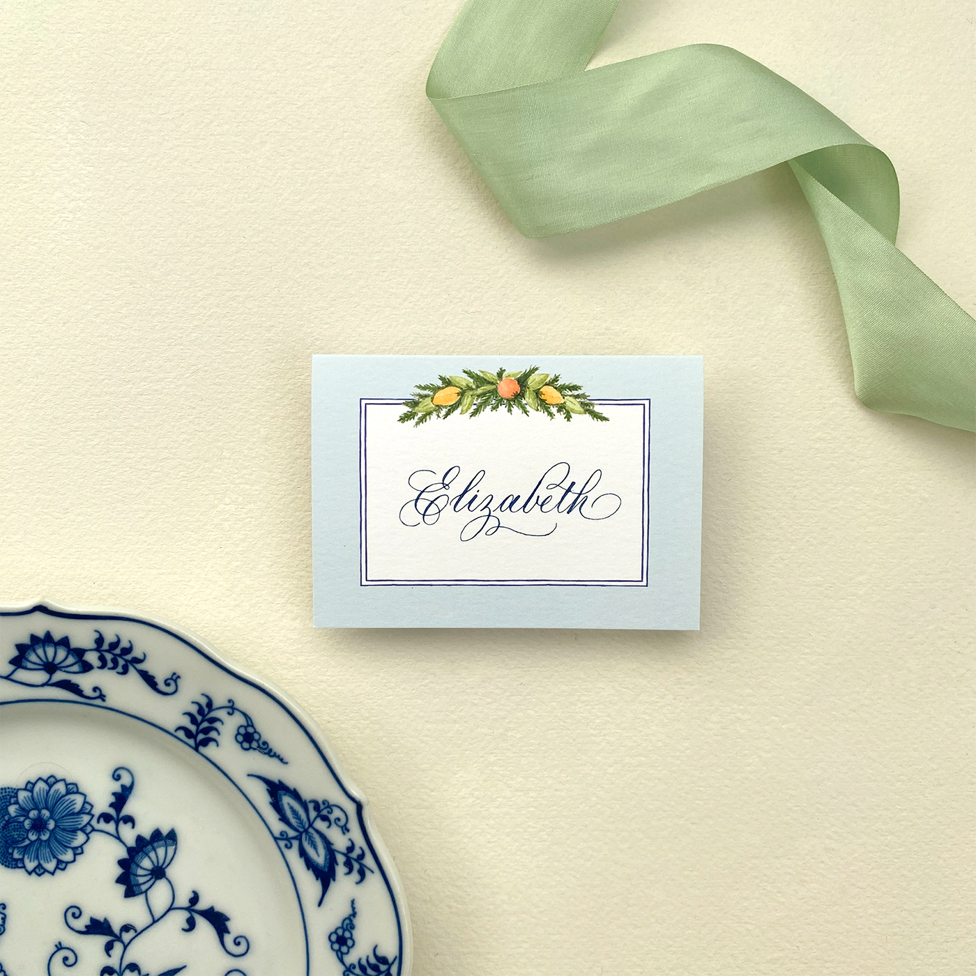 Citrus Garland Place Cards with Calligraphy