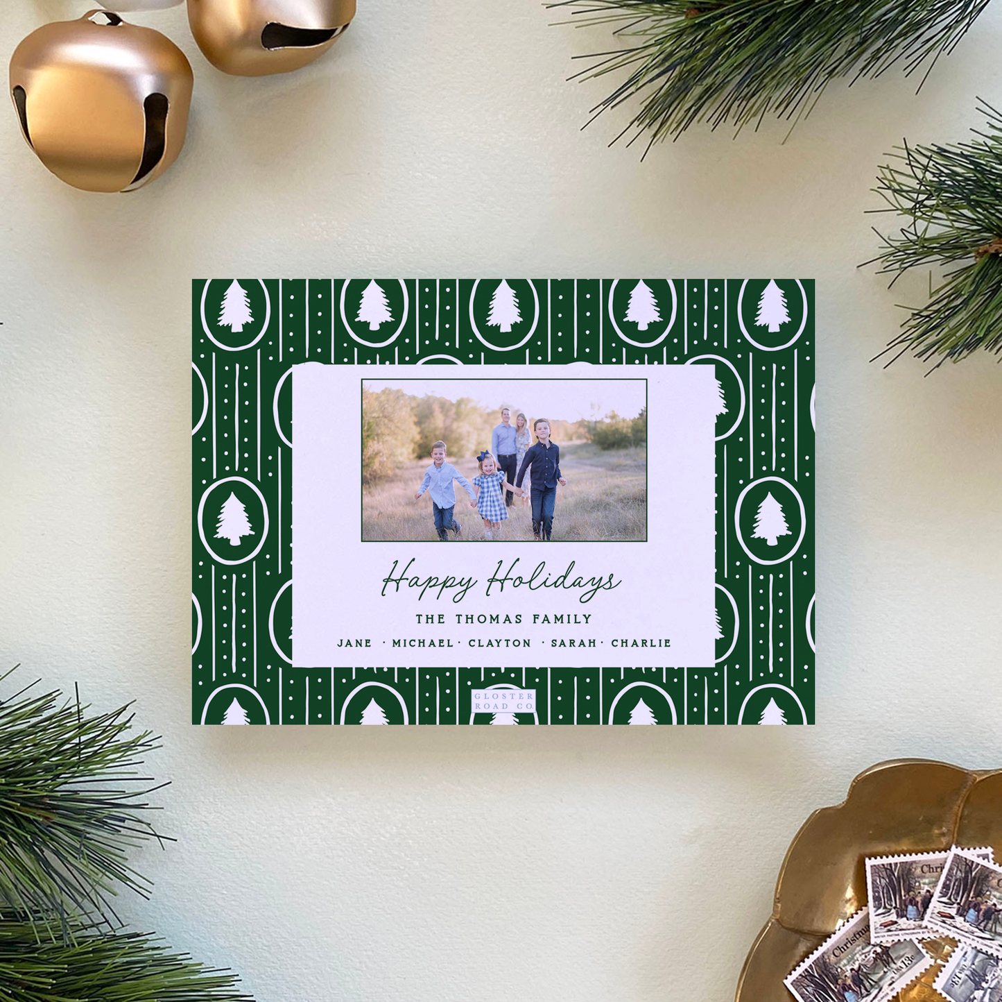 Dotted Pine Border Holiday Card, Forest - Landscape