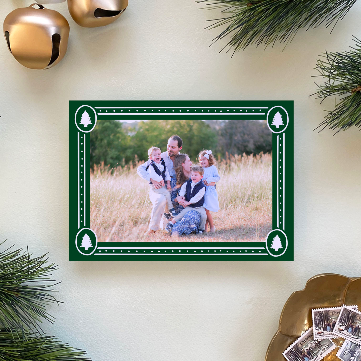 Dotted Pine Border Holiday Card, Forest - Landscape