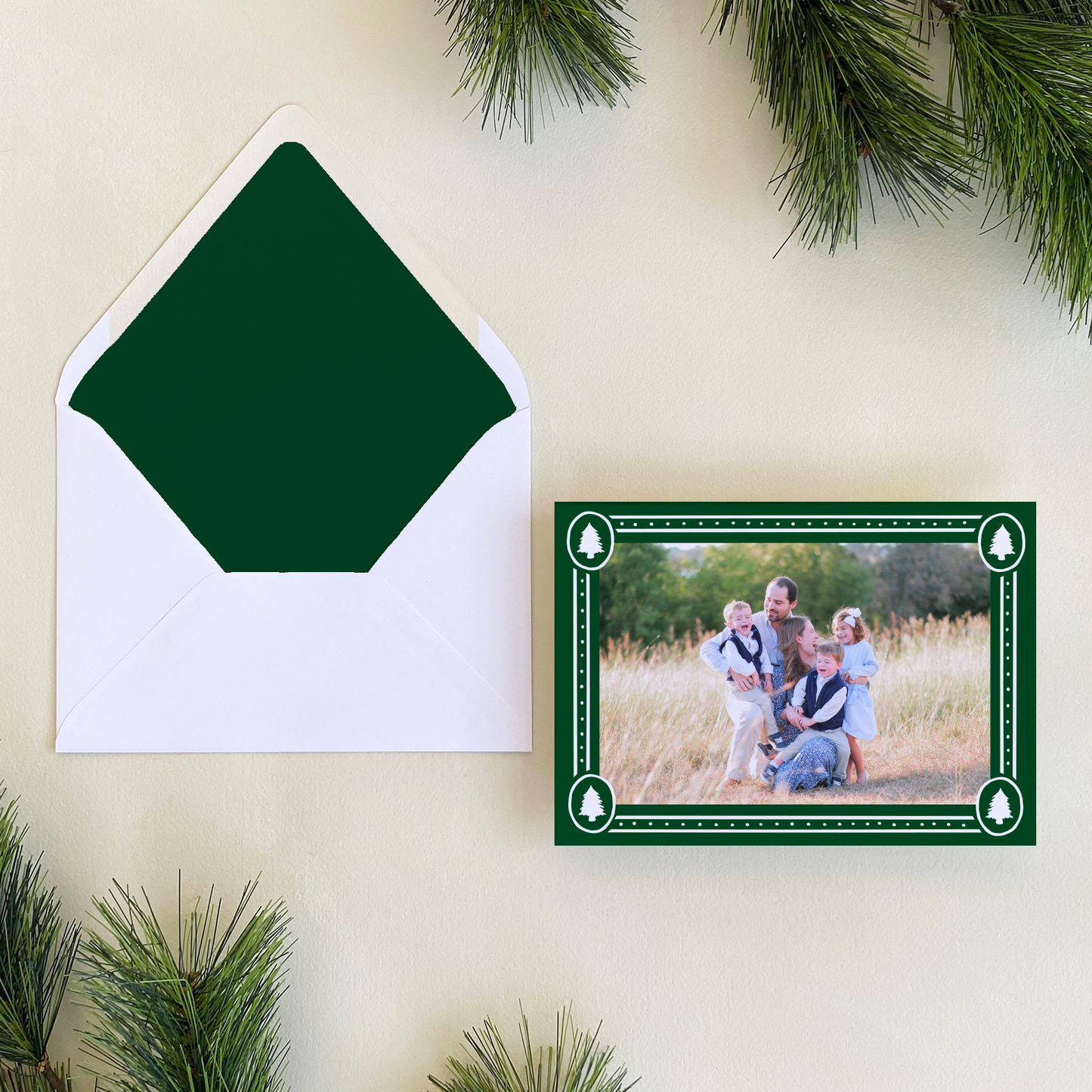 Dotted Pine Border Holiday Card, Forest - Landscape