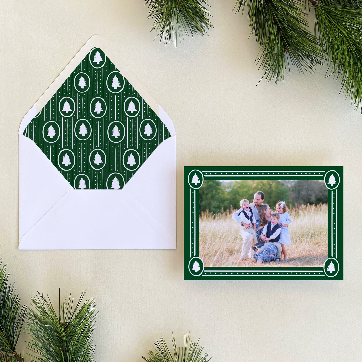 Dotted Pine Border Holiday Card, Forest - Landscape