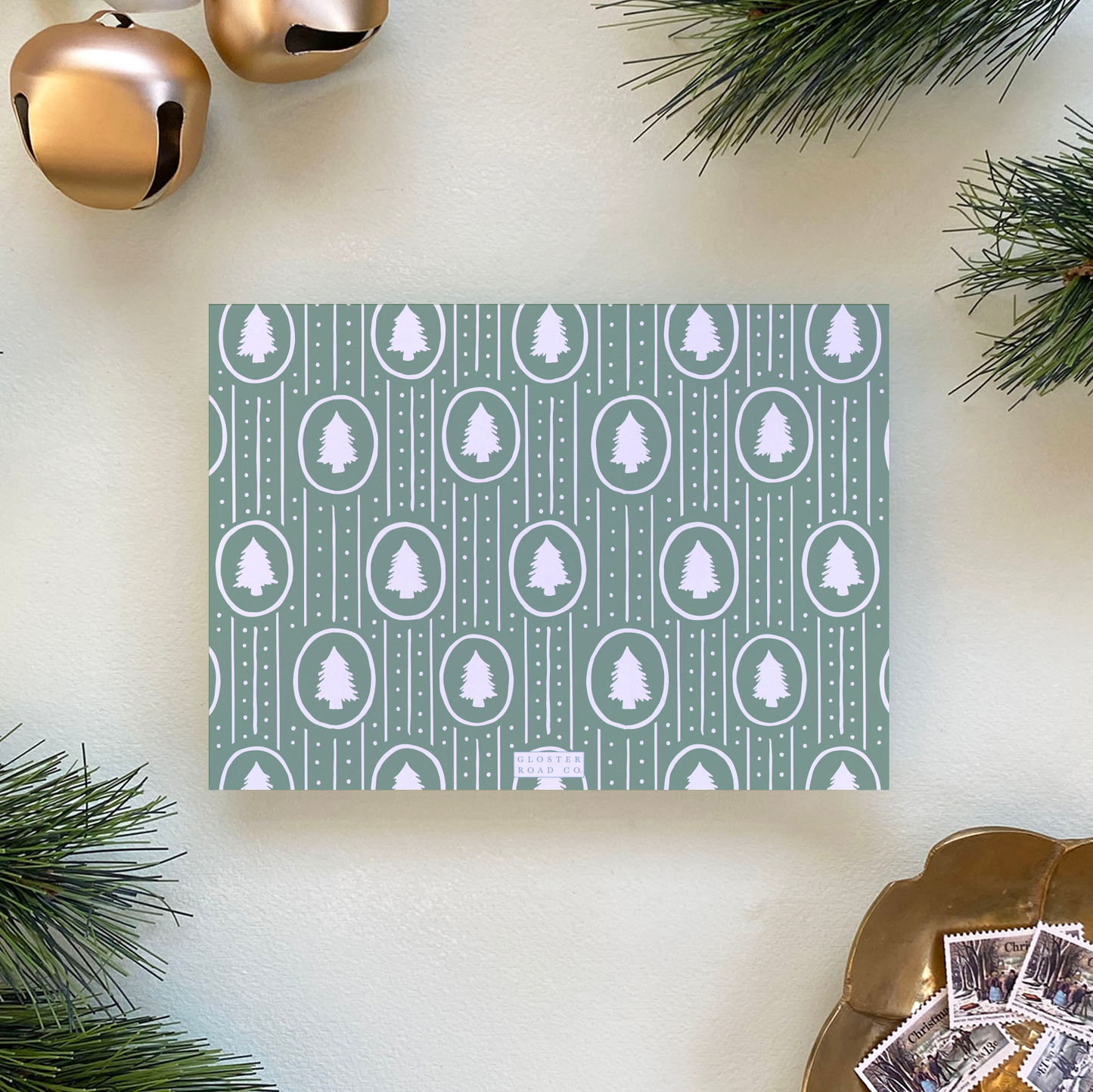Dotted Pine Border Holiday Card, Evergreen Fog - Landscape