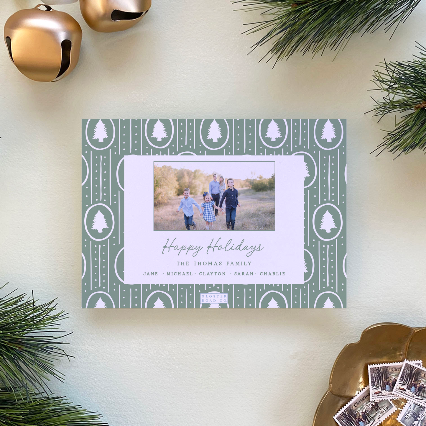 Dotted Pine Border Holiday Card, Evergreen Fog - Landscape
