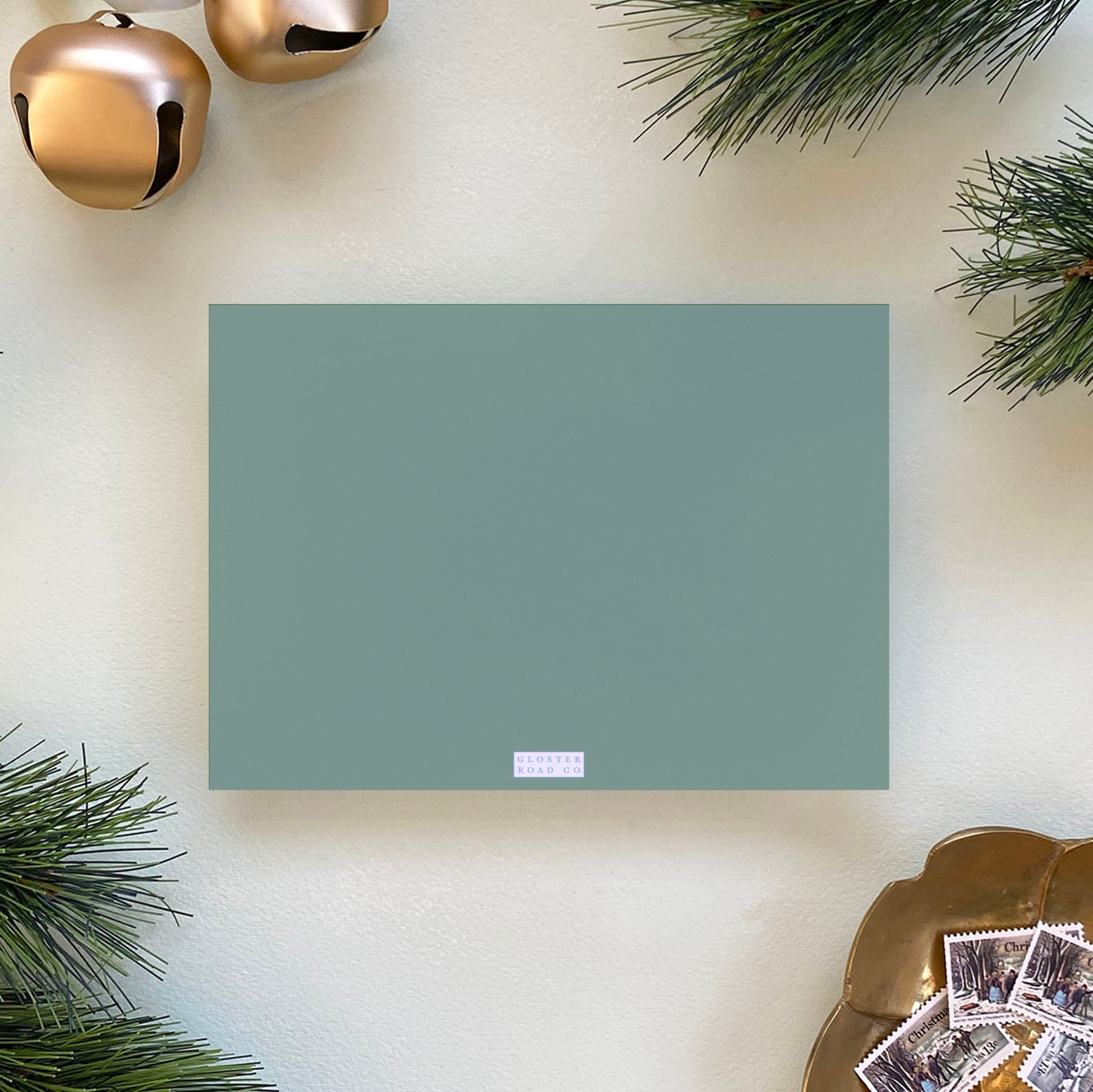 Dotted Pine Border Holiday Card, Evergreen Fog - Landscape