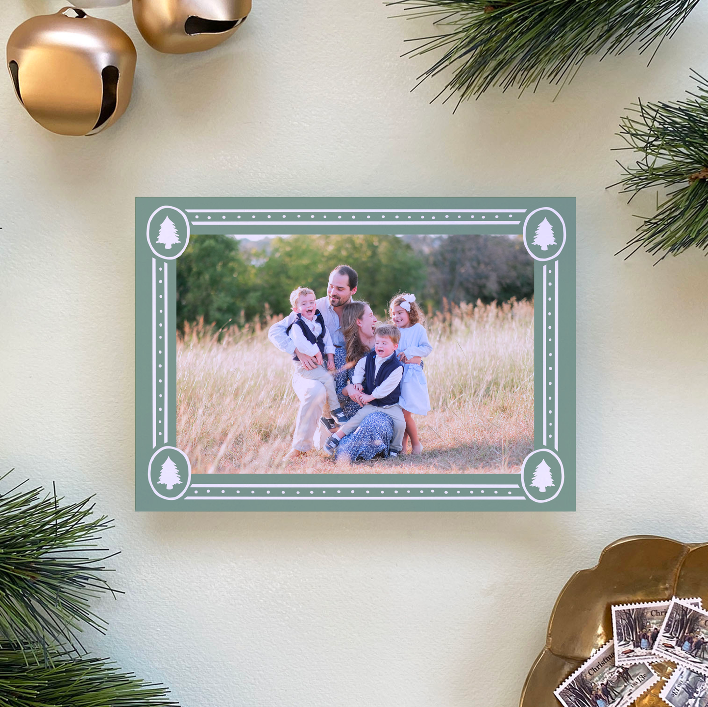 Dotted Pine Border Holiday Card, Evergreen Fog - Landscape