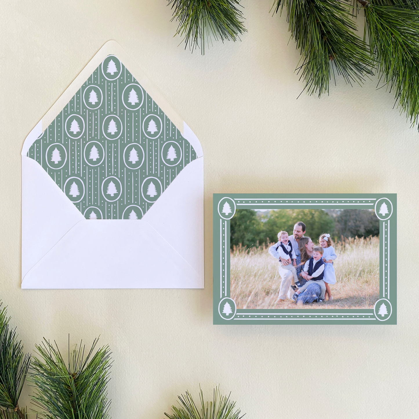Dotted Pine Border Holiday Card, Evergreen Fog - Landscape