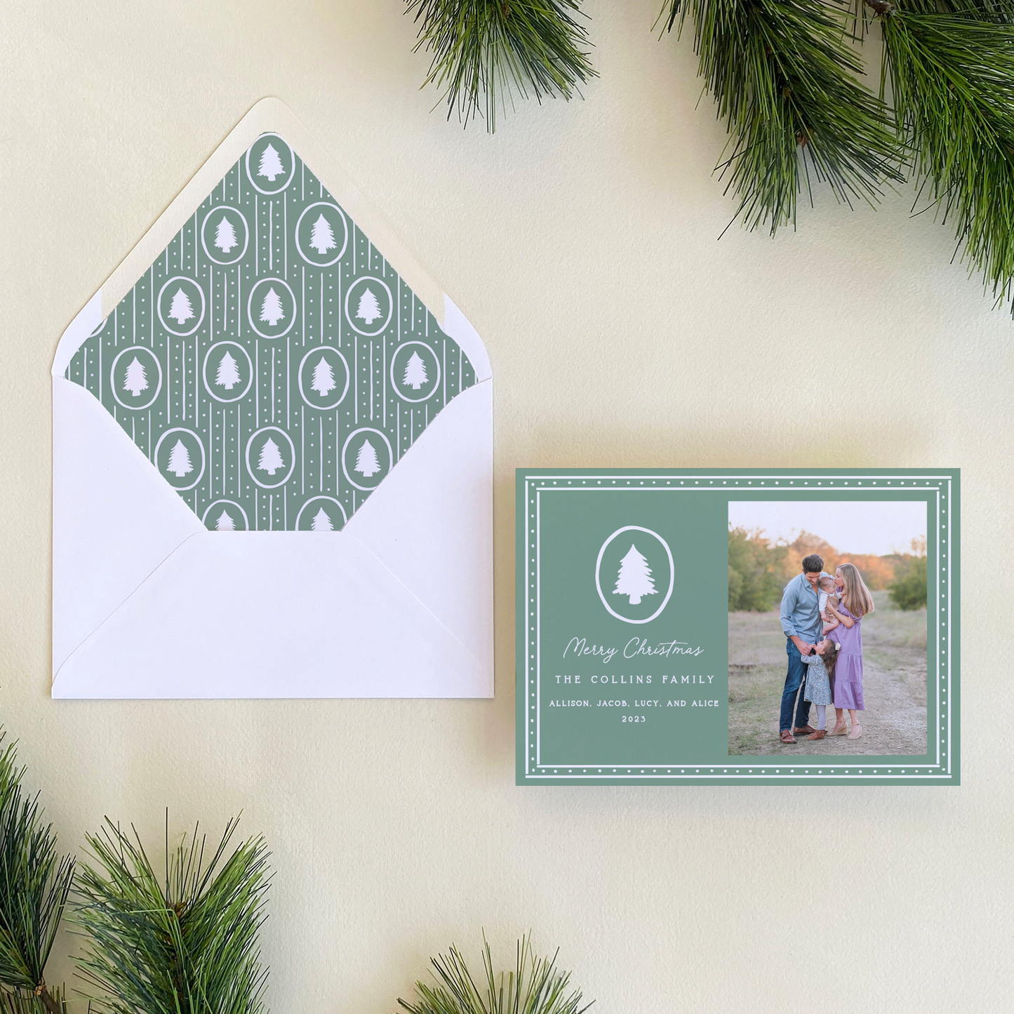 Dotted Pine Holiday Card, Evergreen Fog - Landscape