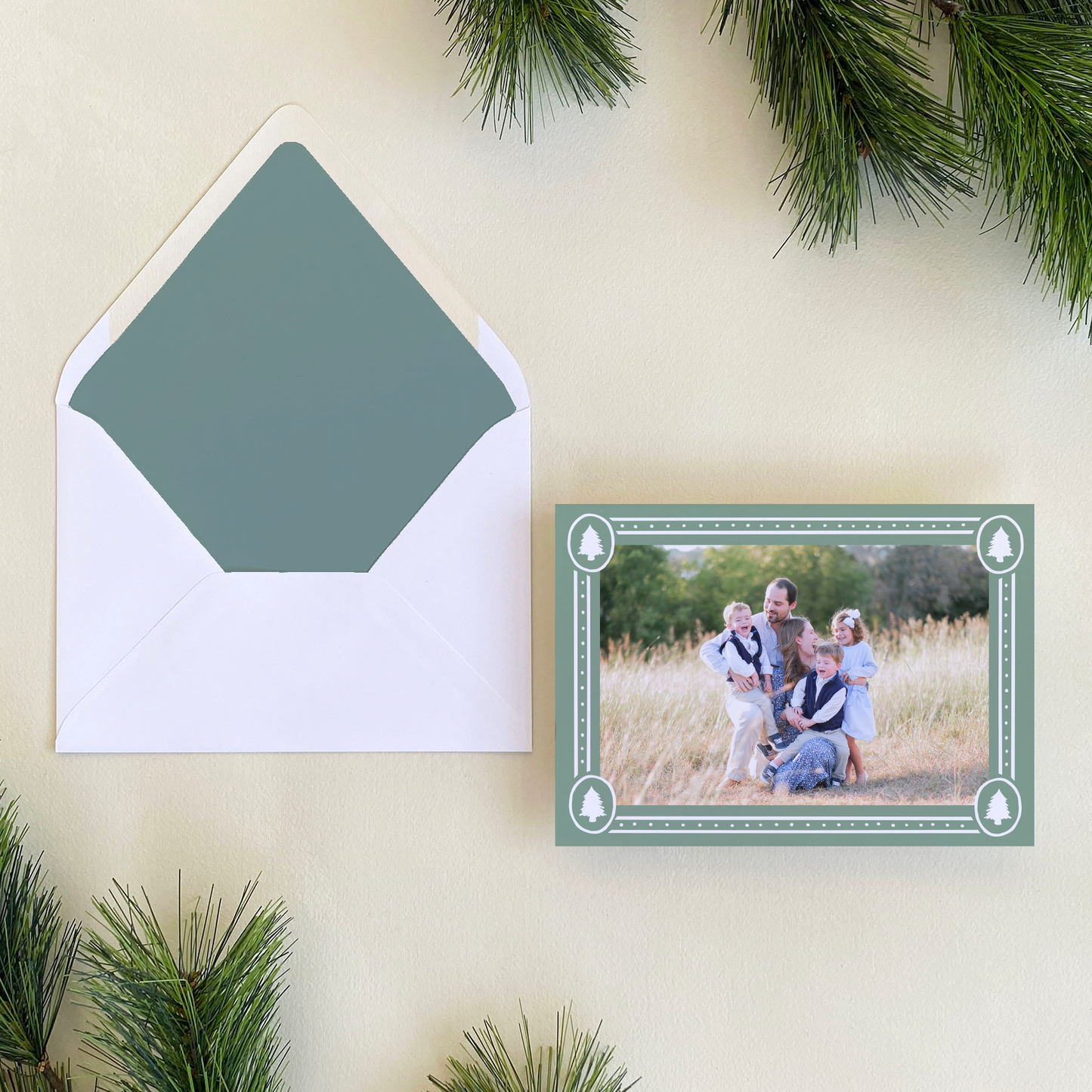 Dotted Pine Border Holiday Card, Evergreen Fog - Landscape