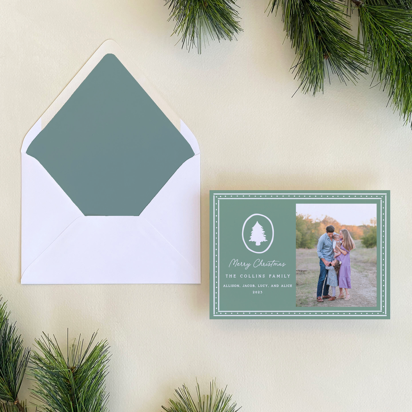 Dotted Pine Holiday Card, Evergreen Fog - Landscape