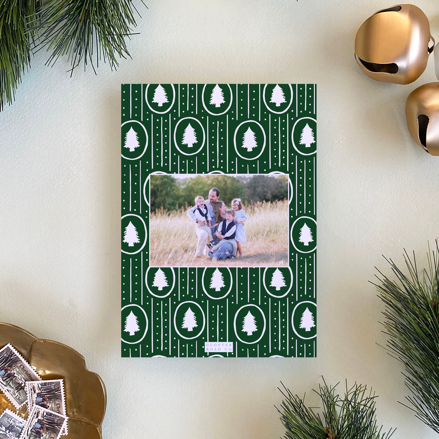 Dotted Pine Border Holiday Card, Forest - Portrait