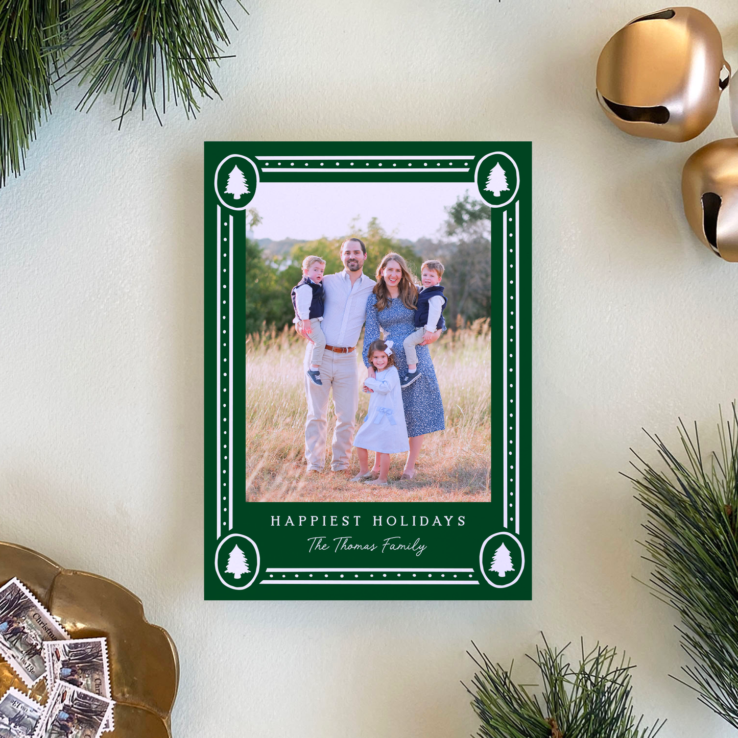 Dotted Pine Border Holiday Card, Forest - Portrait