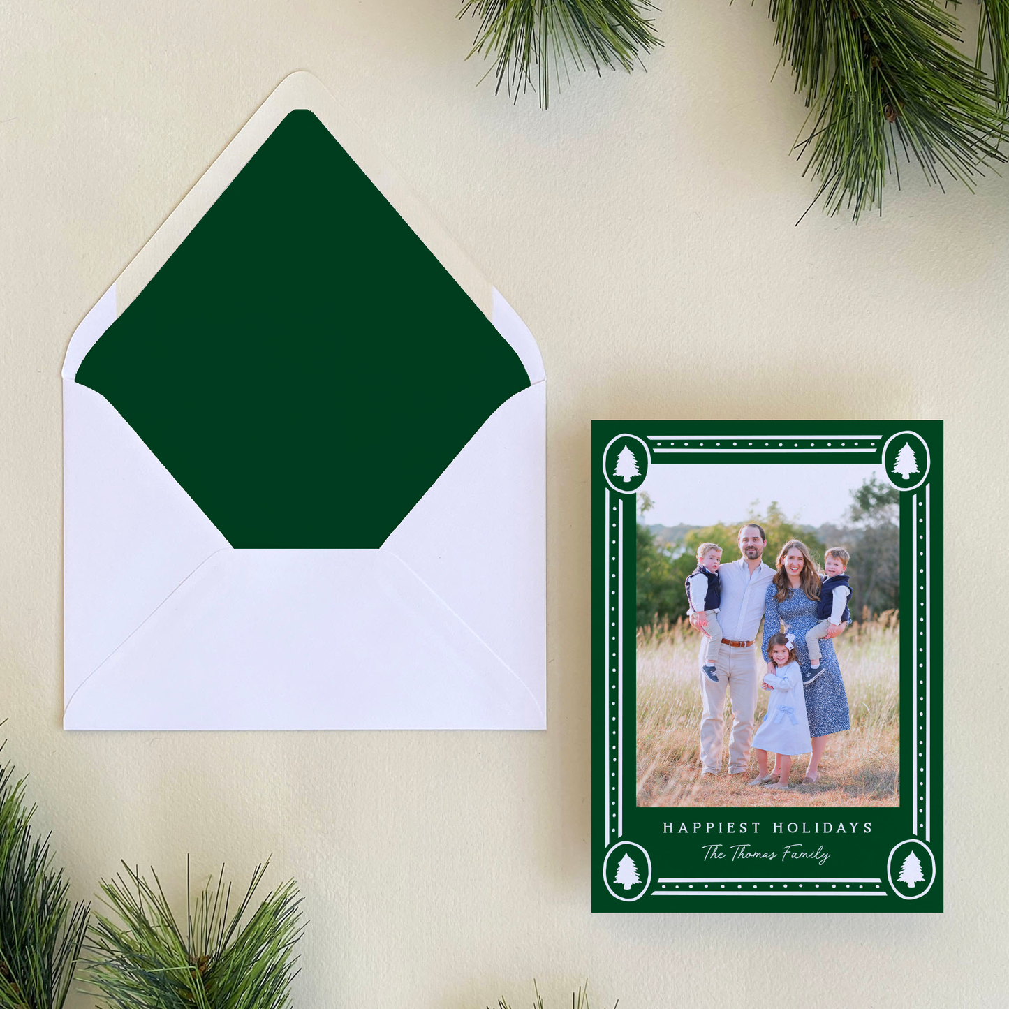 Dotted Pine Border Holiday Card, Forest - Portrait