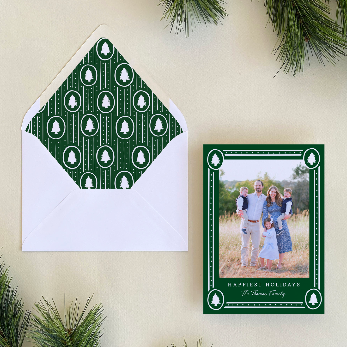 Dotted Pine Border Holiday Card, Forest - Portrait