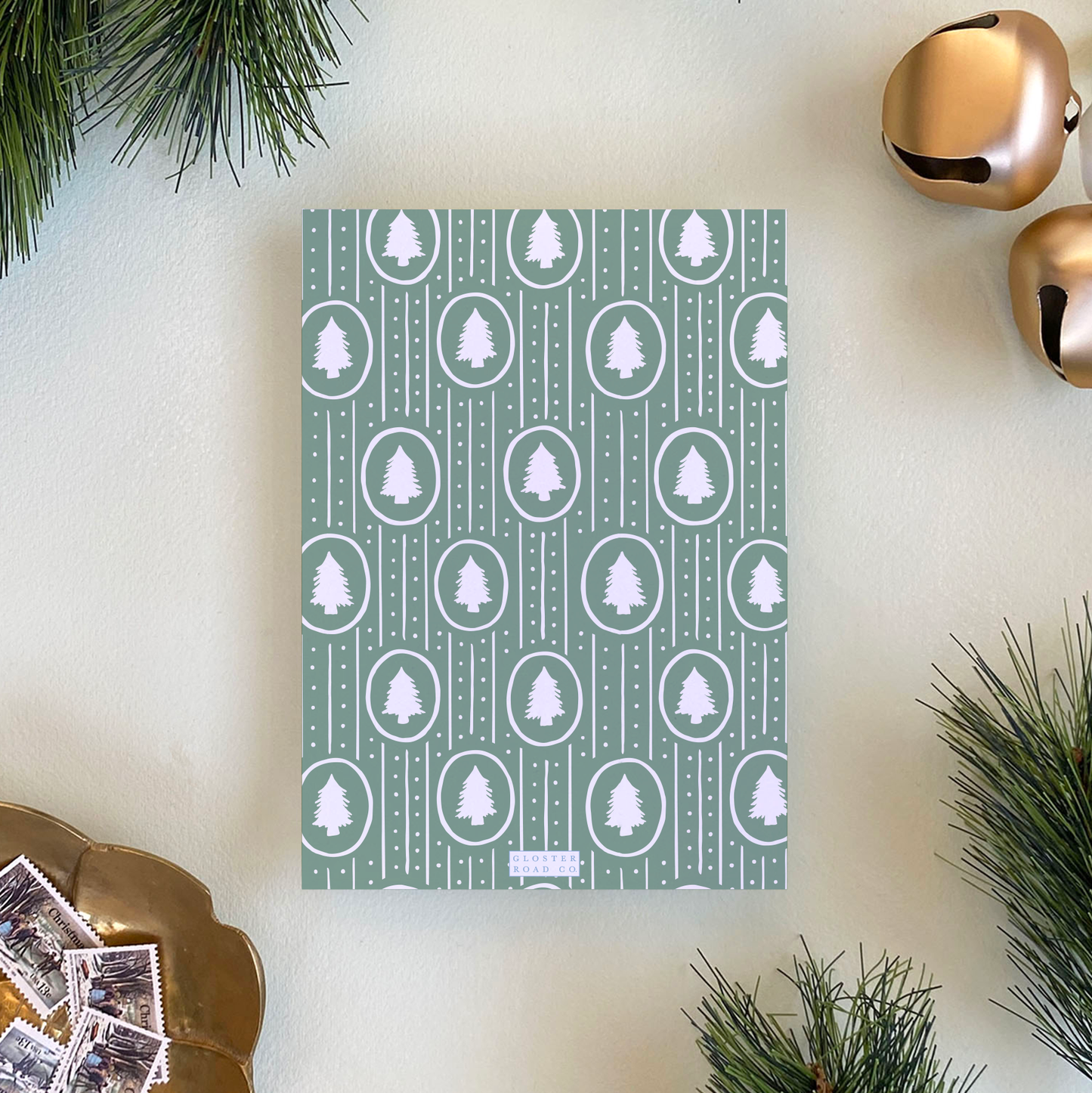 Dotted Pine Border Holiday Card, Evergreen Fog - Portrait