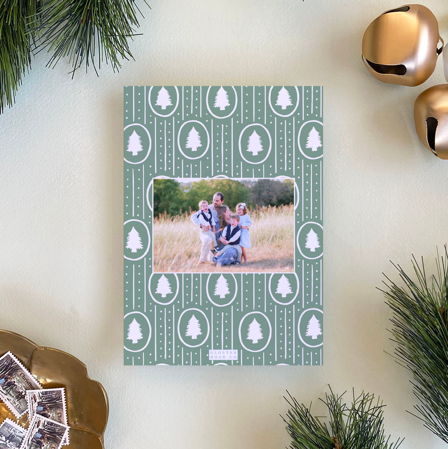 Dotted Pine Border Holiday Card, Evergreen Fog - Portrait