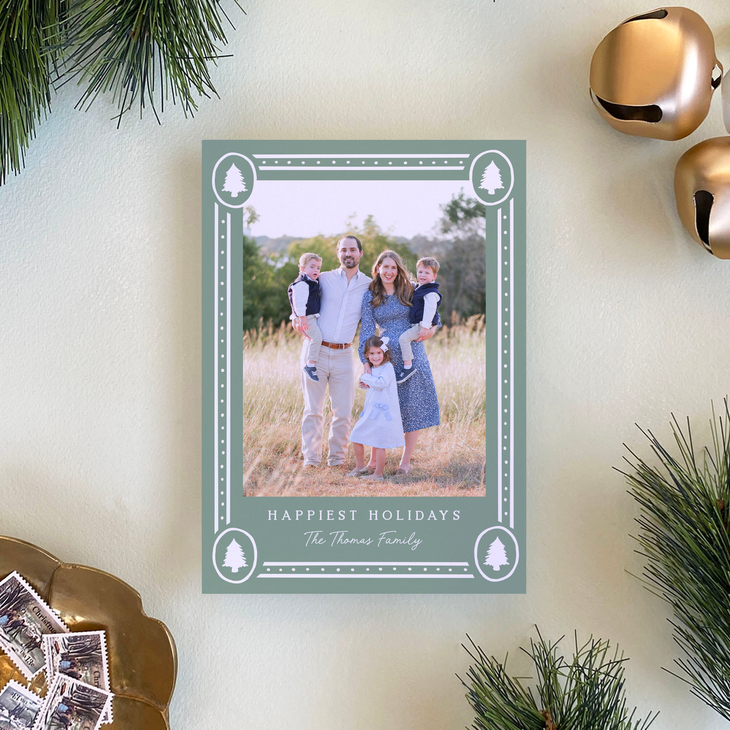 Dotted Pine Border Holiday Card, Evergreen Fog - Portrait