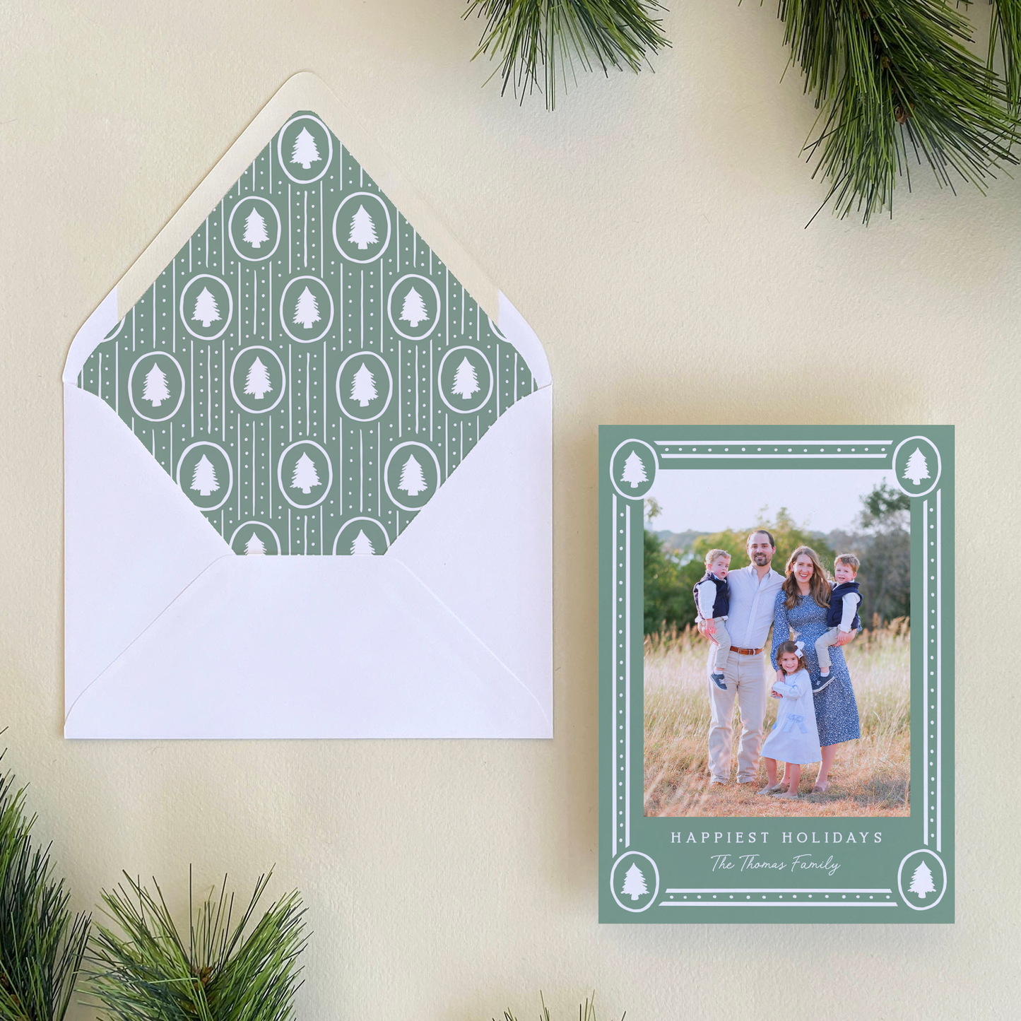Dotted Pine Border Holiday Card, Evergreen Fog - Portrait