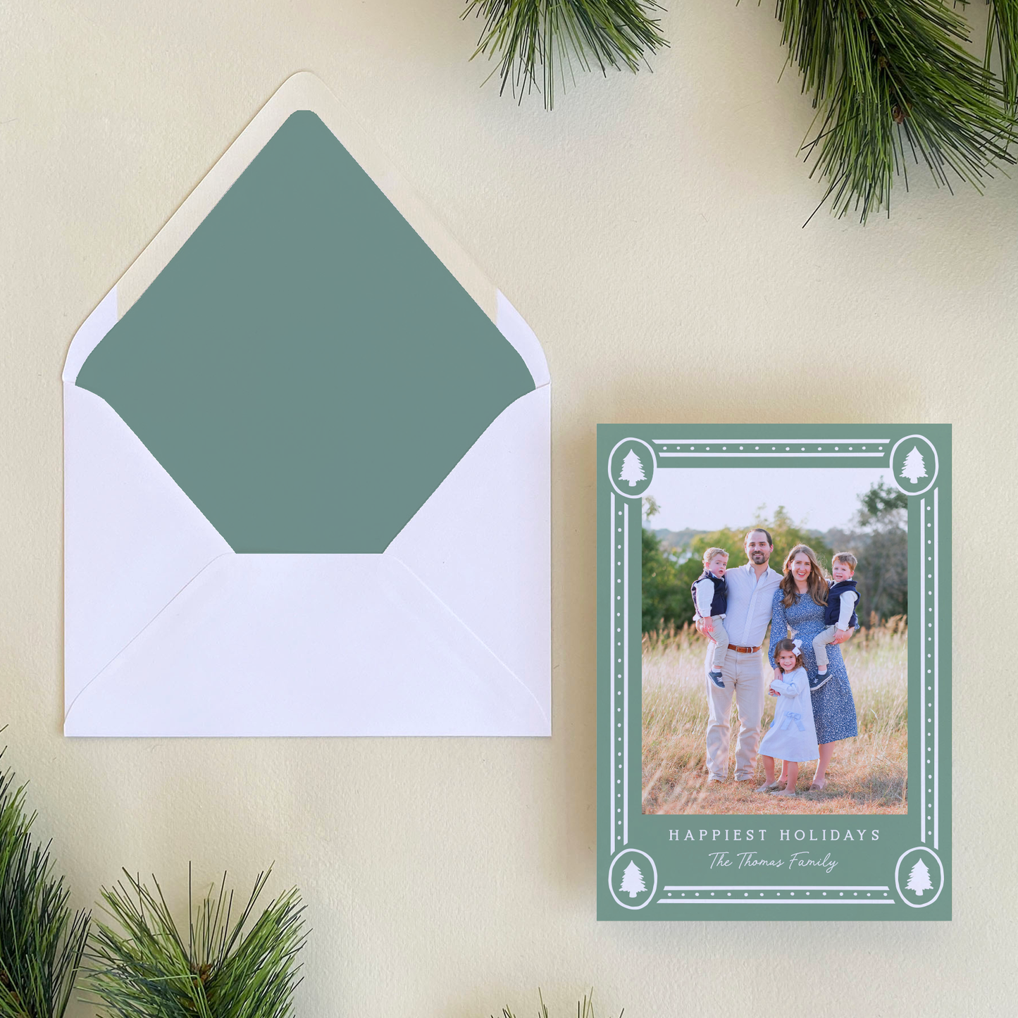 Dotted Pine Border Holiday Card, Evergreen Fog - Portrait
