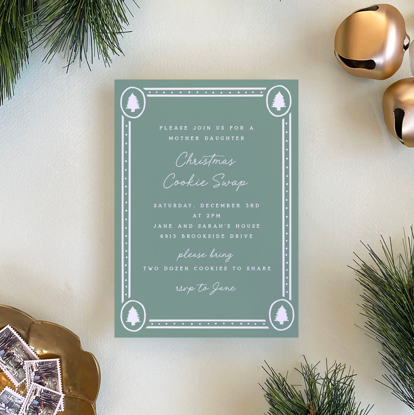 Dotted Pine Invitation, Evergreen Fog