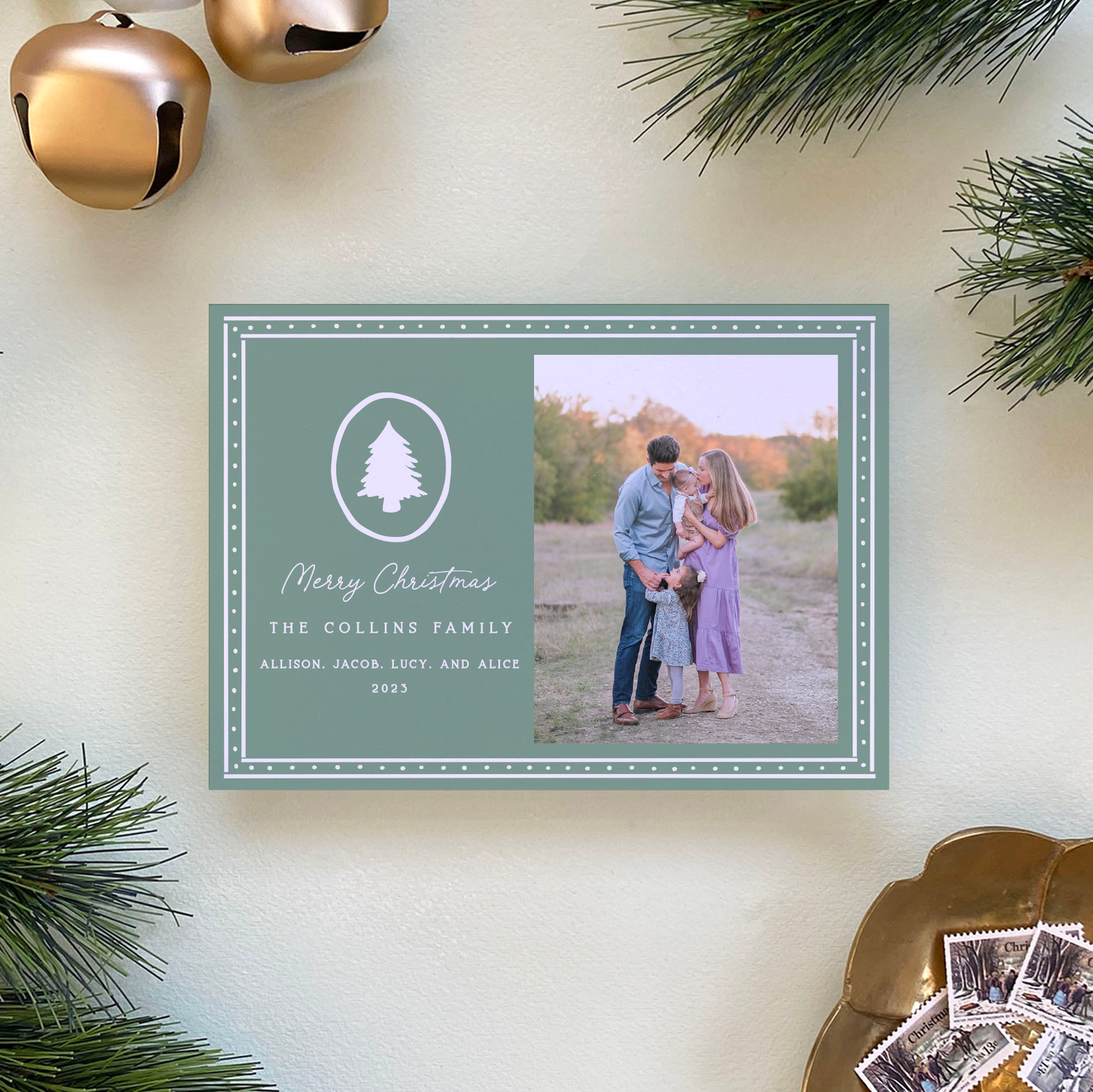 Dotted Pine Holiday Card, Evergreen Fog - Landscape