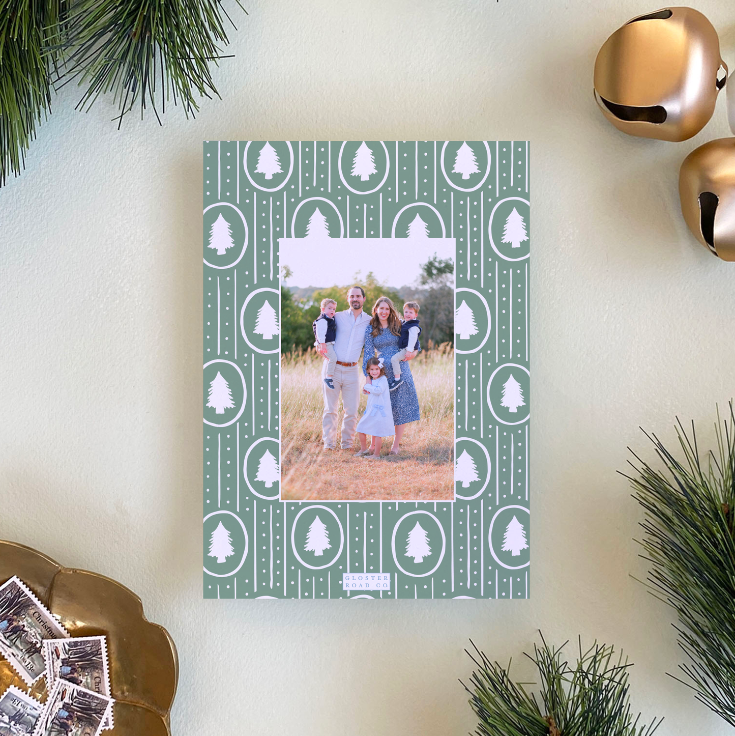 Dotted Pine Holiday Card, Evergreen Fog - Portrait