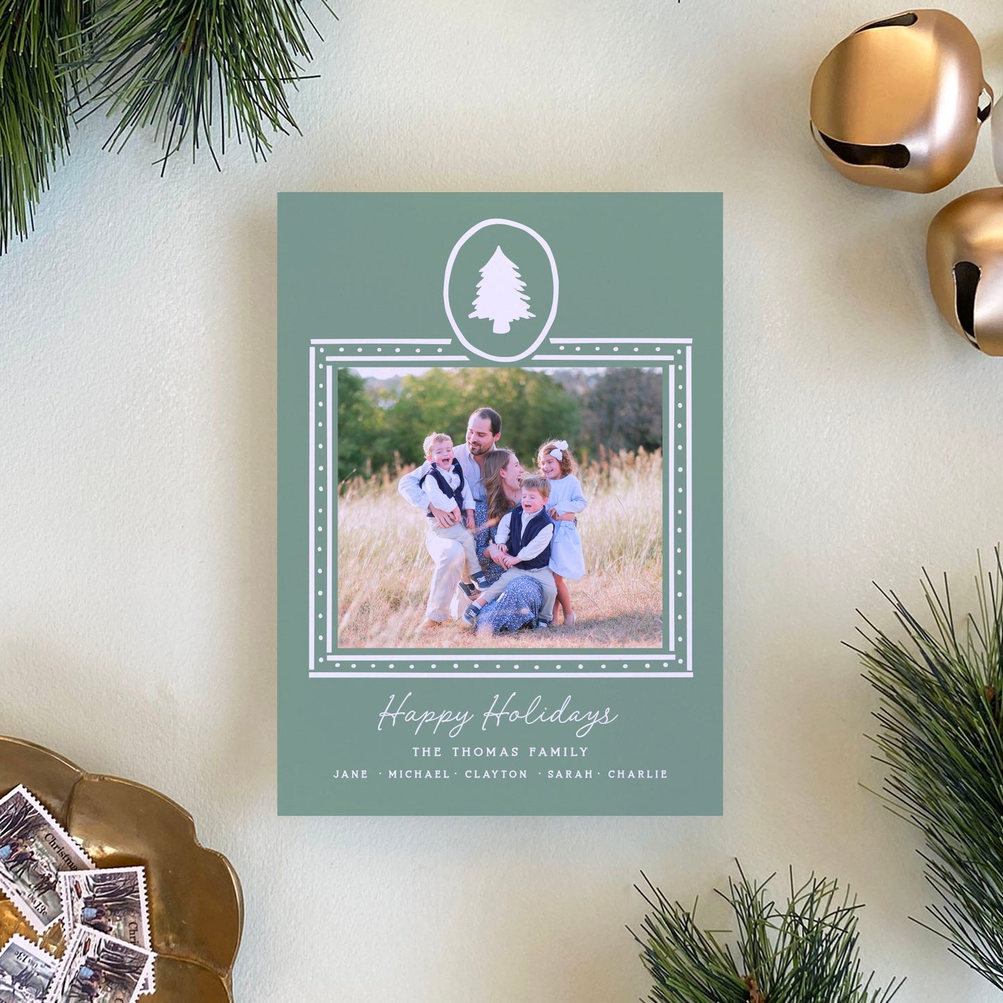 Dotted Pine Holiday Card, Evergreen Fog - Portrait