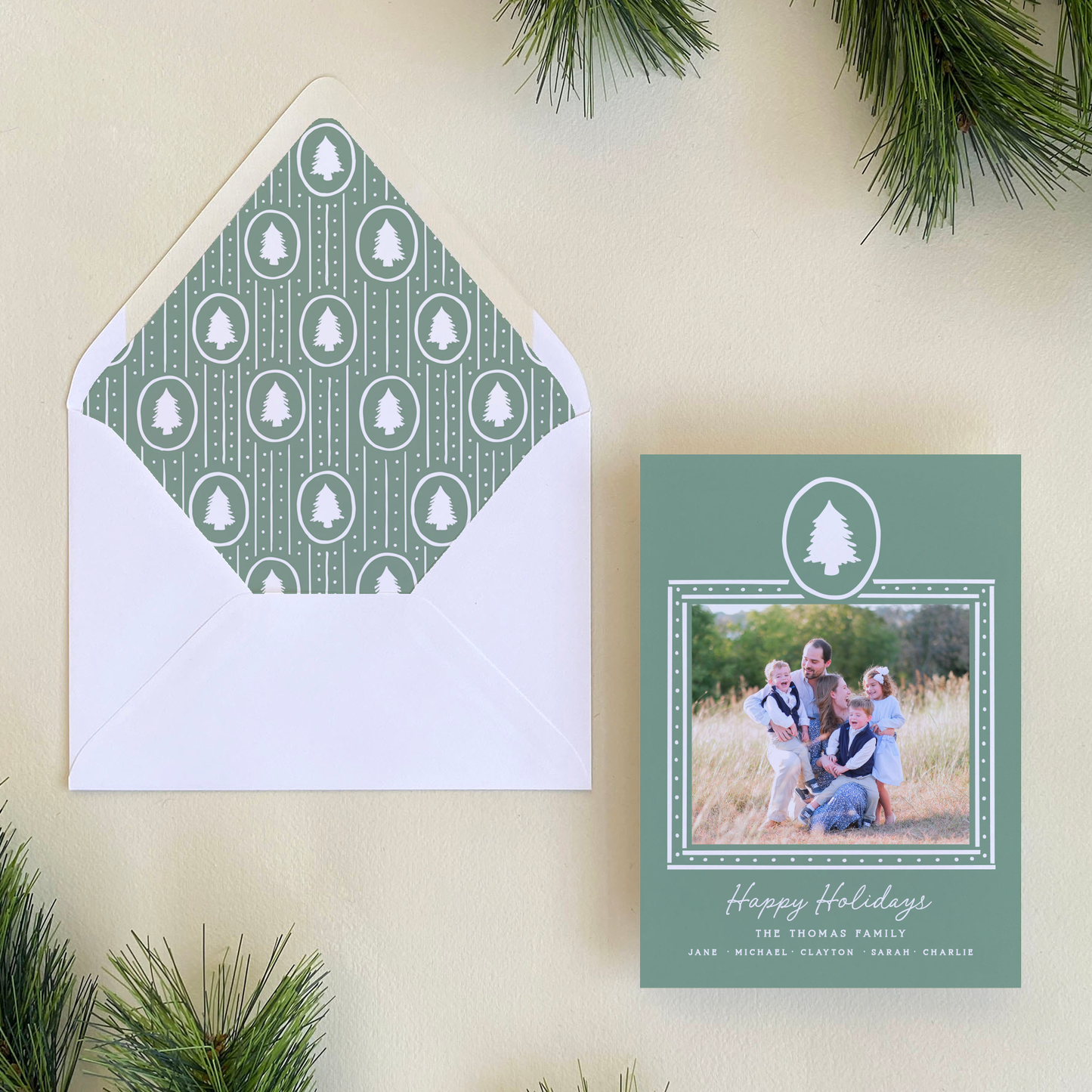 Dotted Pine Holiday Card, Evergreen Fog - Portrait