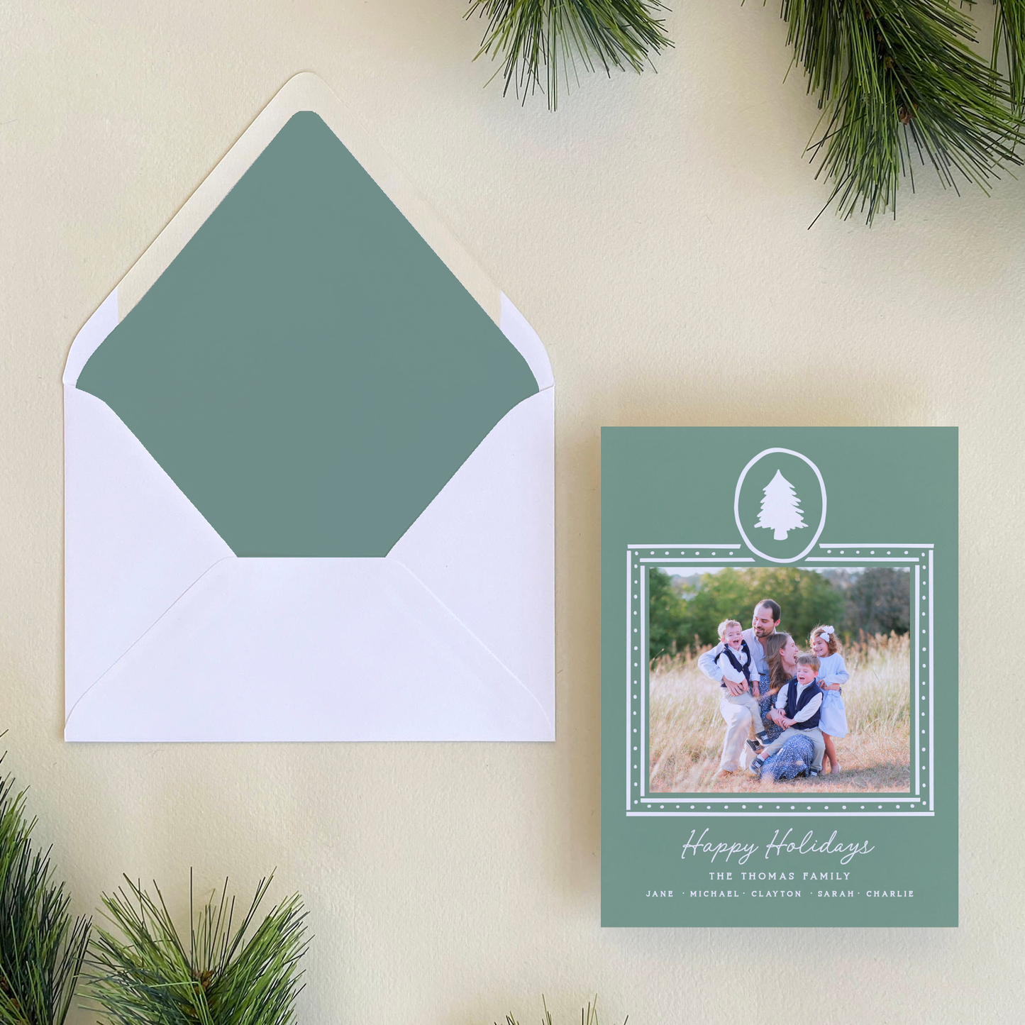 Dotted Pine Holiday Card, Evergreen Fog - Portrait