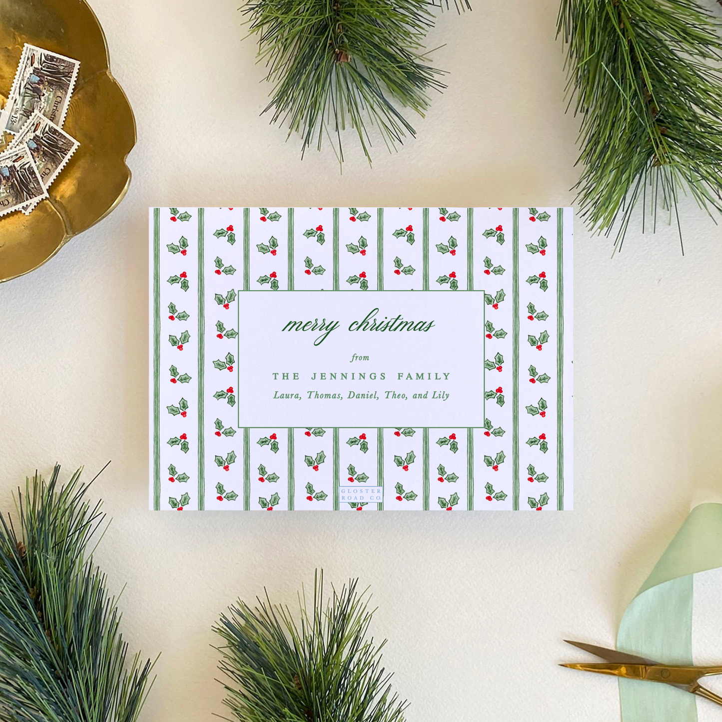 Holly Stripe Border Holiday Card, Landscape