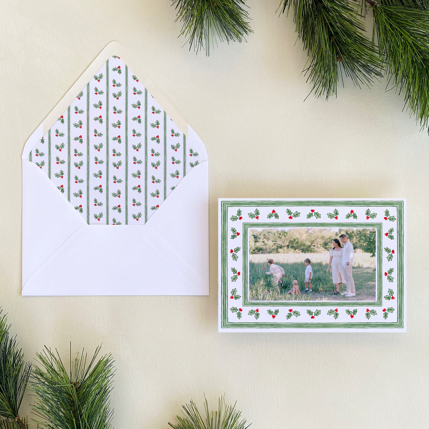 Holly Stripe Border Holiday Card, Landscape