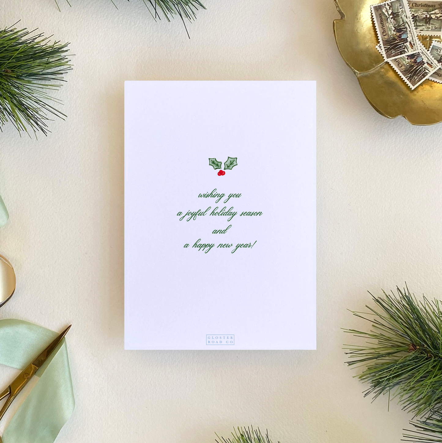 Holly Stripe Border Holiday Card, Portrait