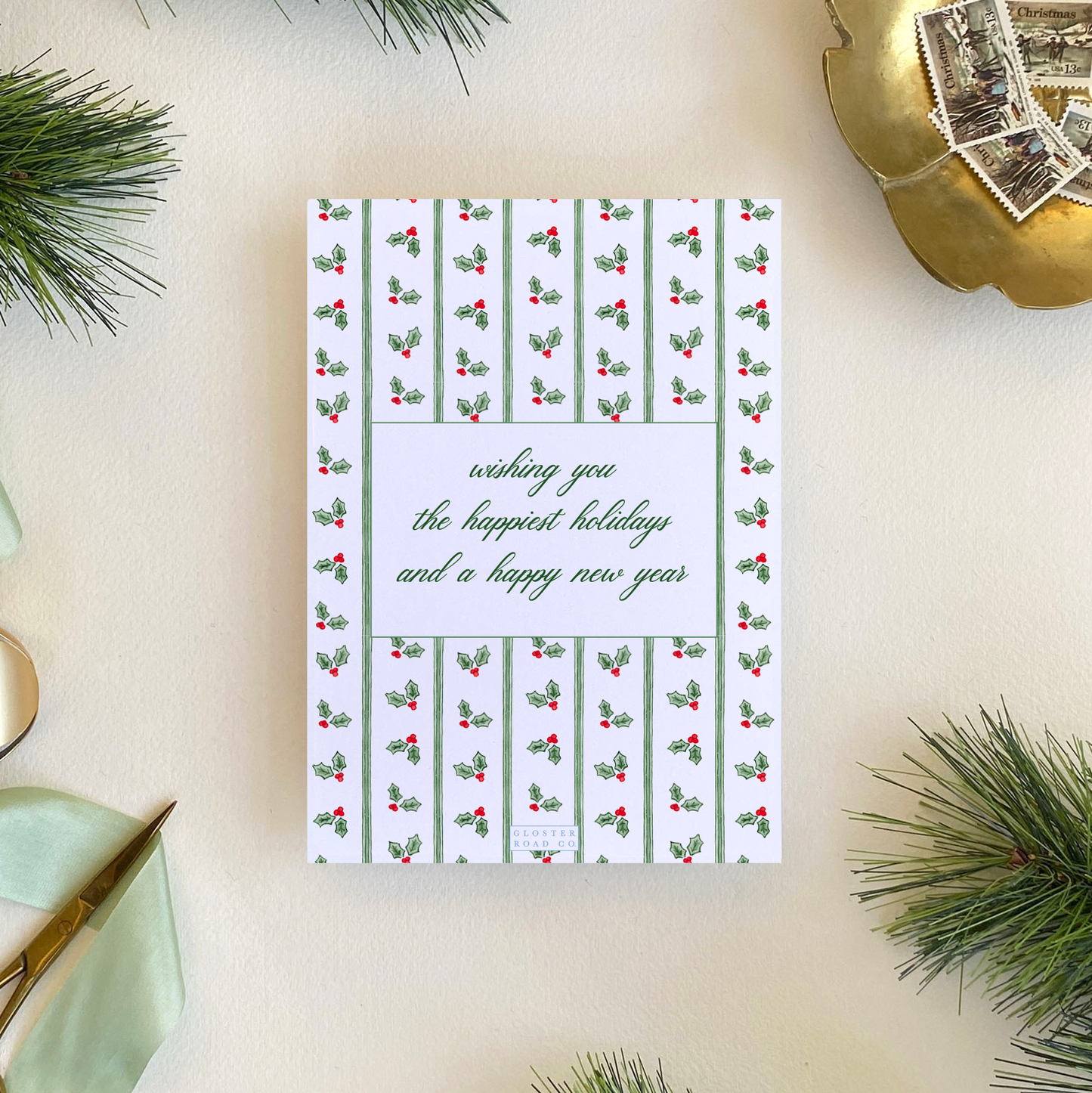 Holly Stripe Border Holiday Card, Portrait