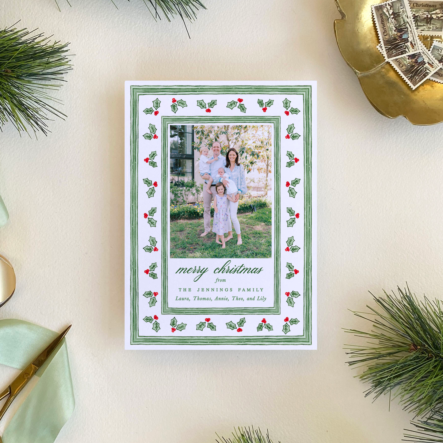 Holly Stripe Border Holiday Card, Portrait