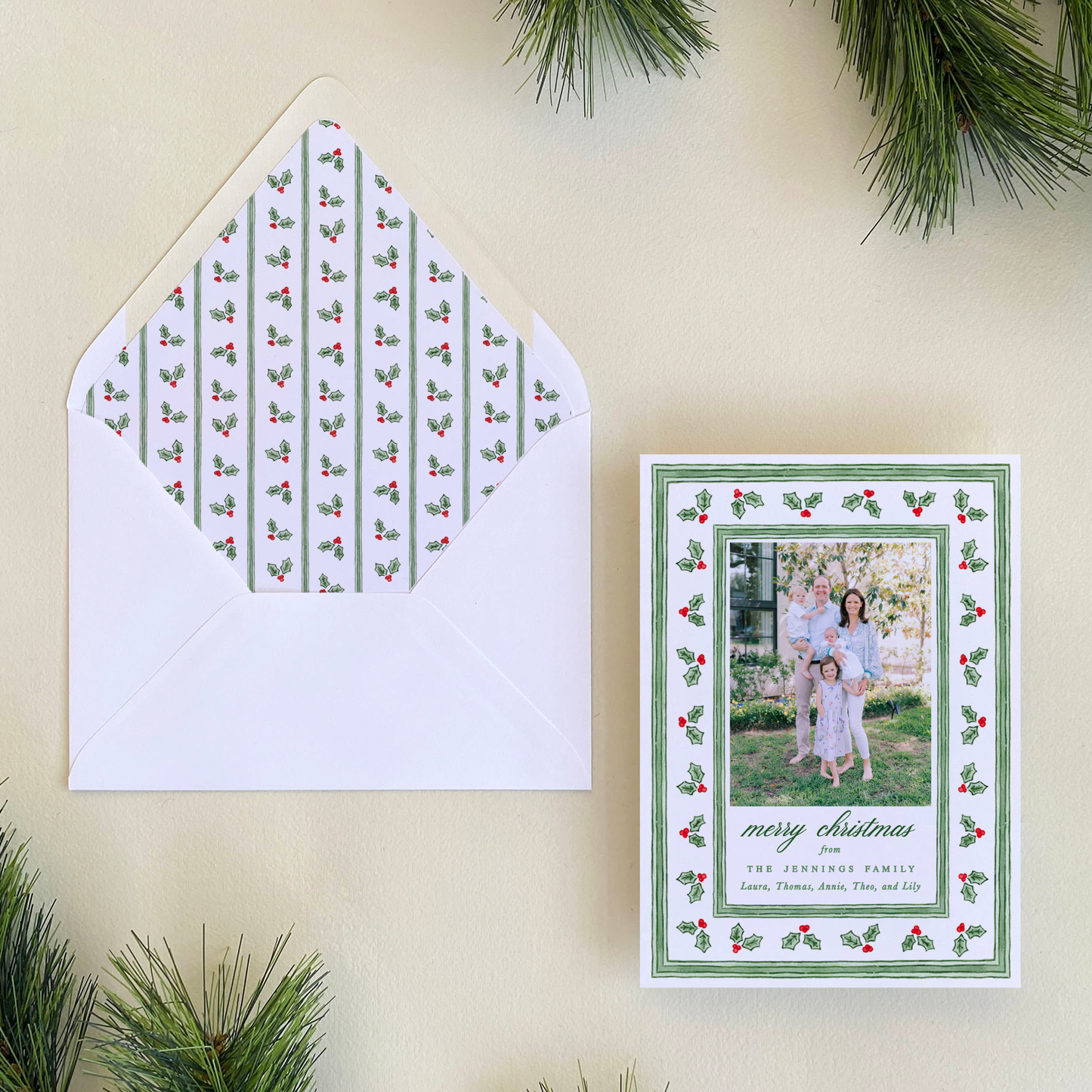 Holly Stripe Border Holiday Card, Portrait