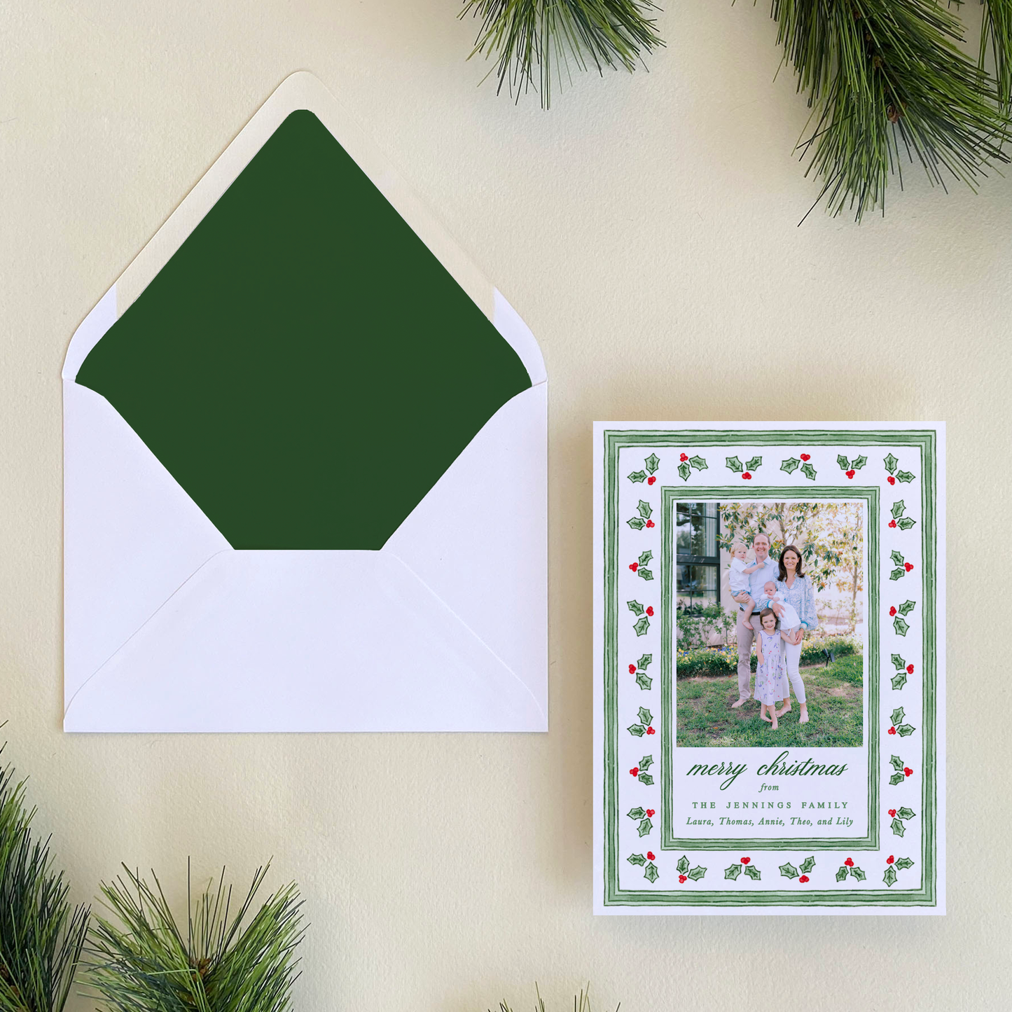 Holly Stripe Border Holiday Card, Portrait