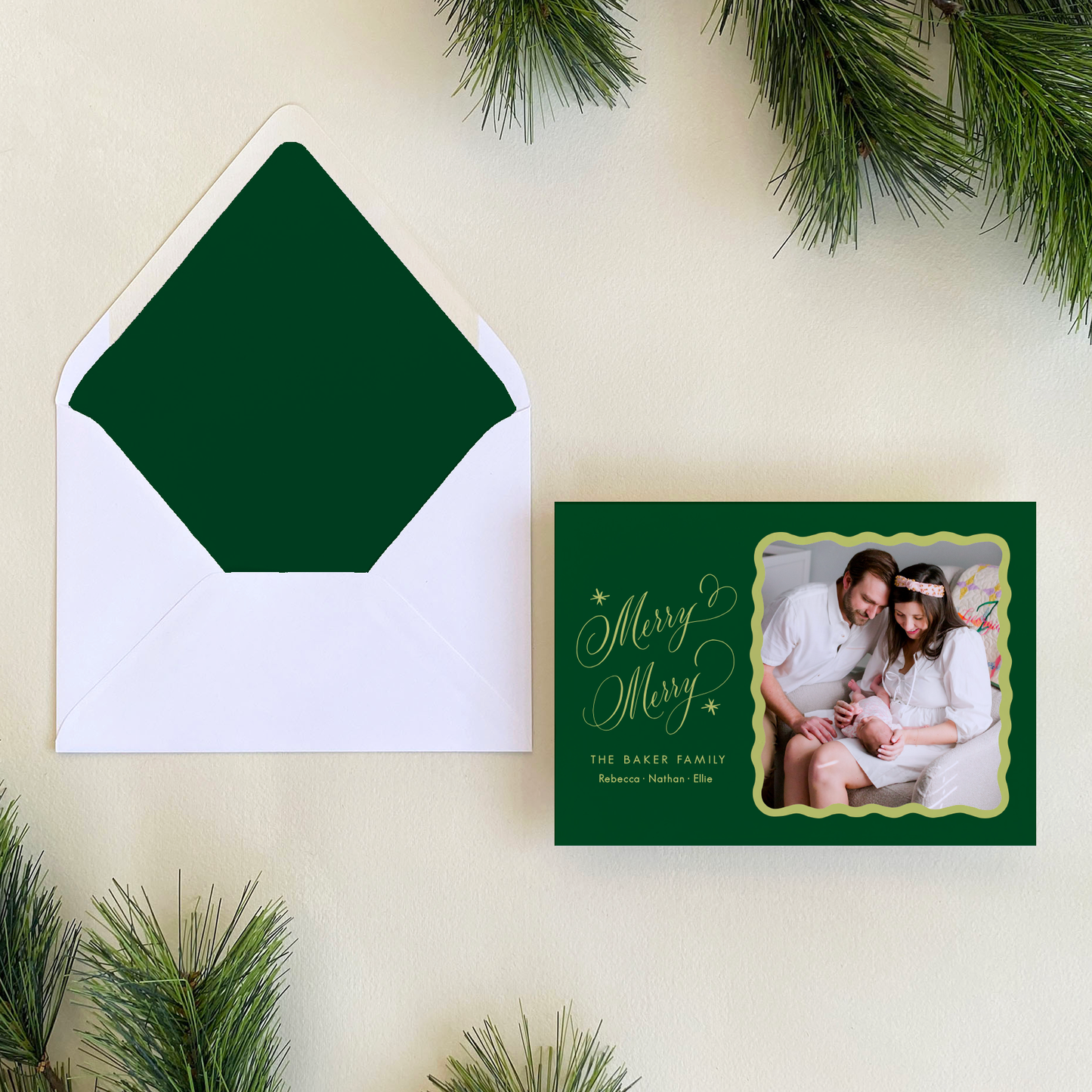 Merry Merry Holiday Card, Forest and Chartreuse - Landscape