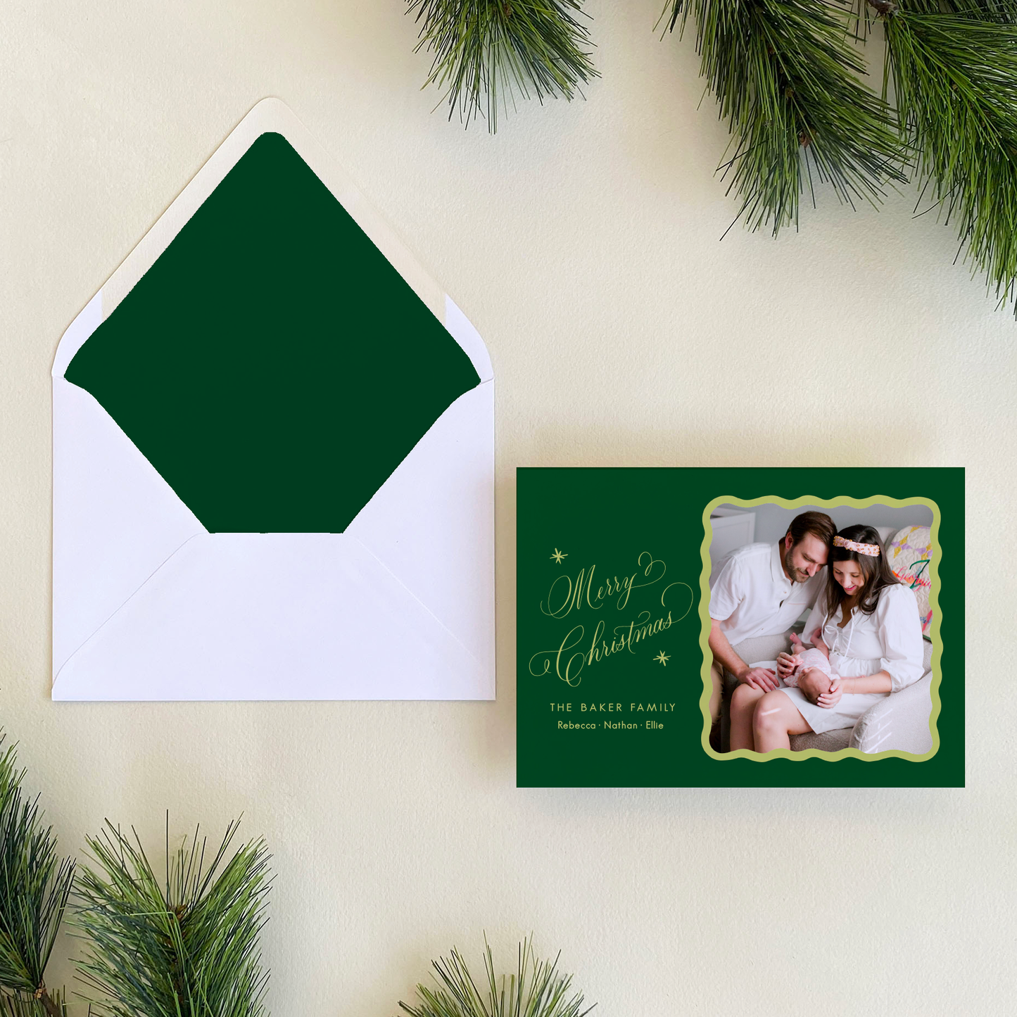 Merry Merry Holiday Card, Forest and Chartreuse - Landscape