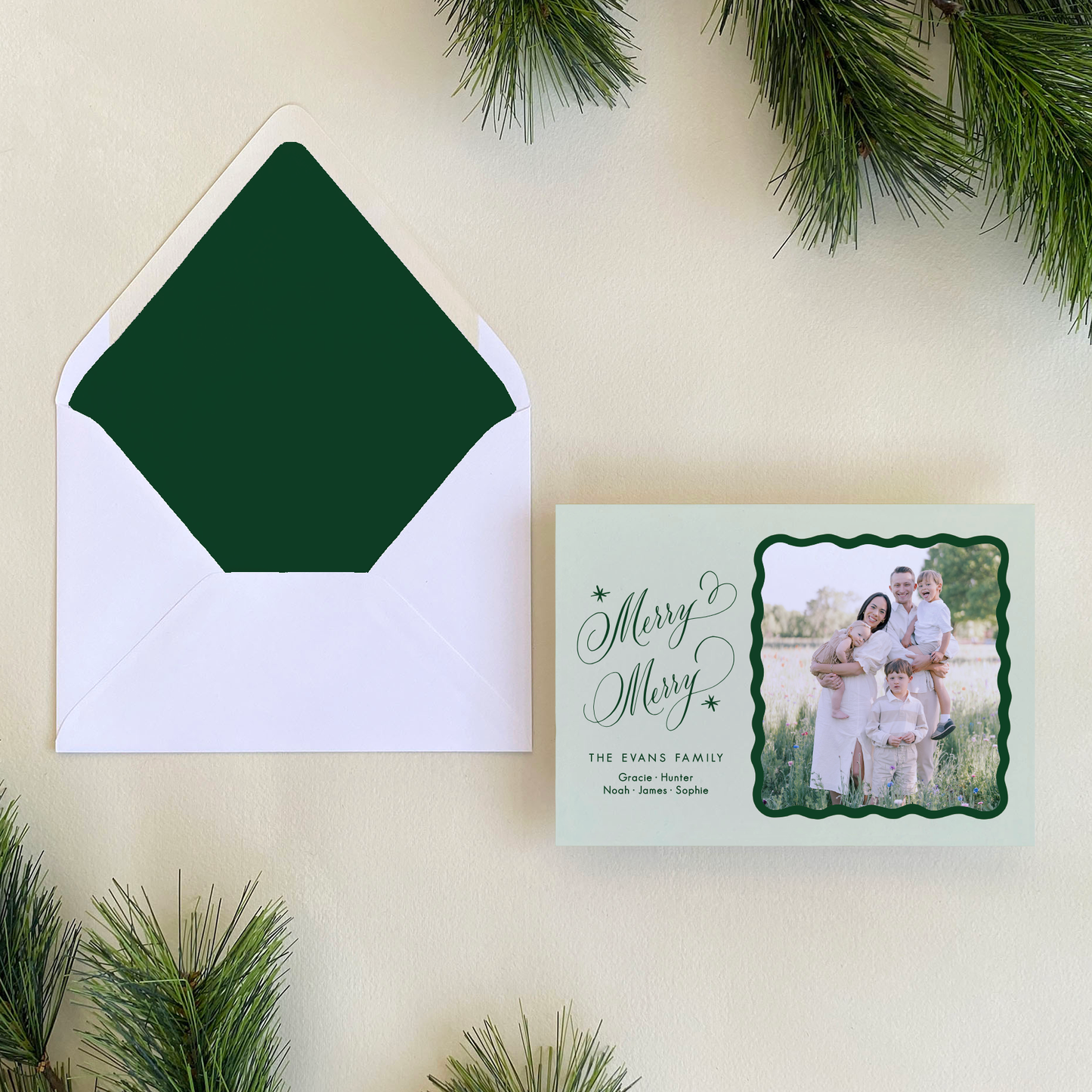 Merry Merry Holiday Card, Forest and Pistachio - Landscape