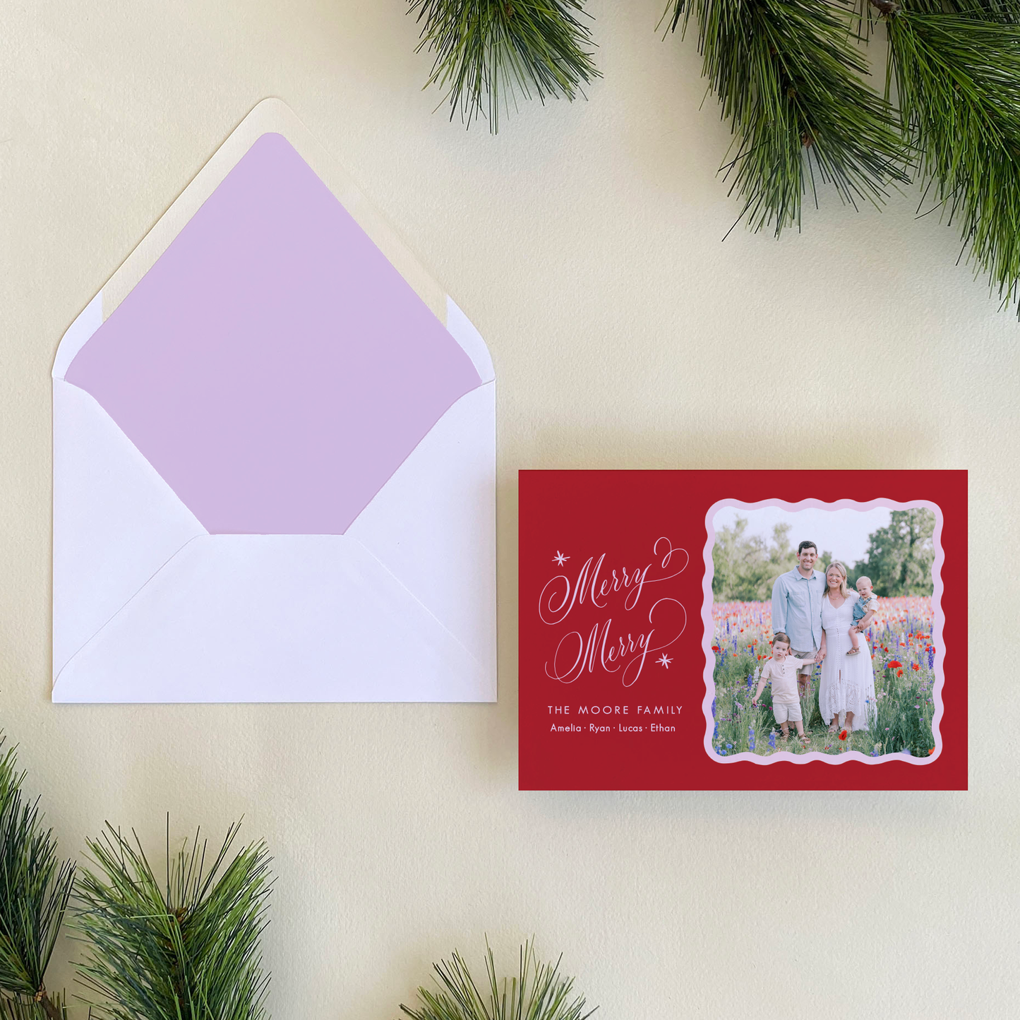 Merry Merry Holiday Card, Red and Pink - Landscape