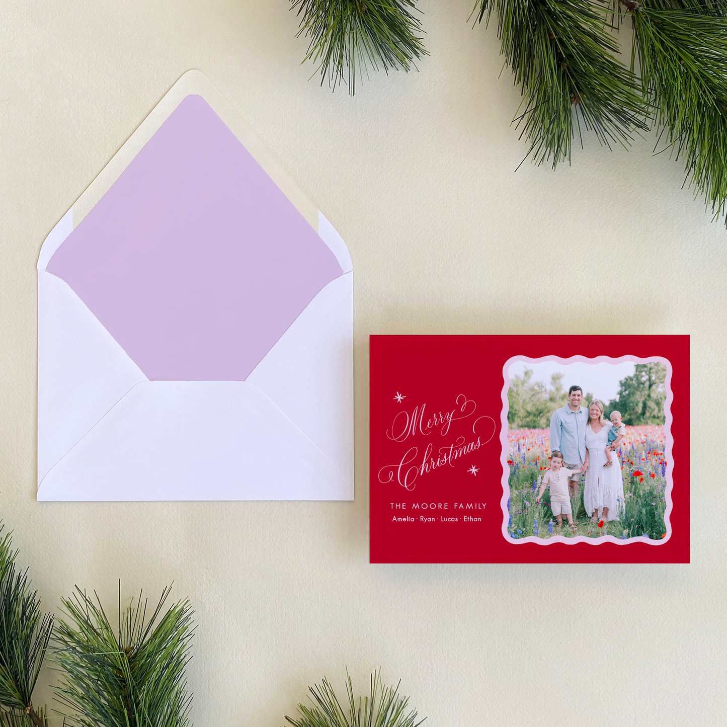 Merry Merry Holiday Card, Red and Pink - Landscape