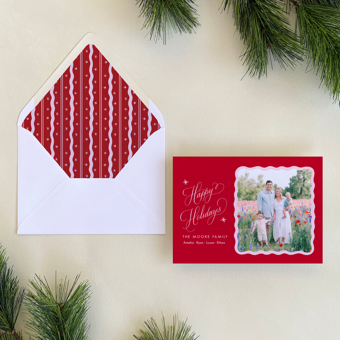 Merry Merry Holiday Card, Red and Pink - Landscape