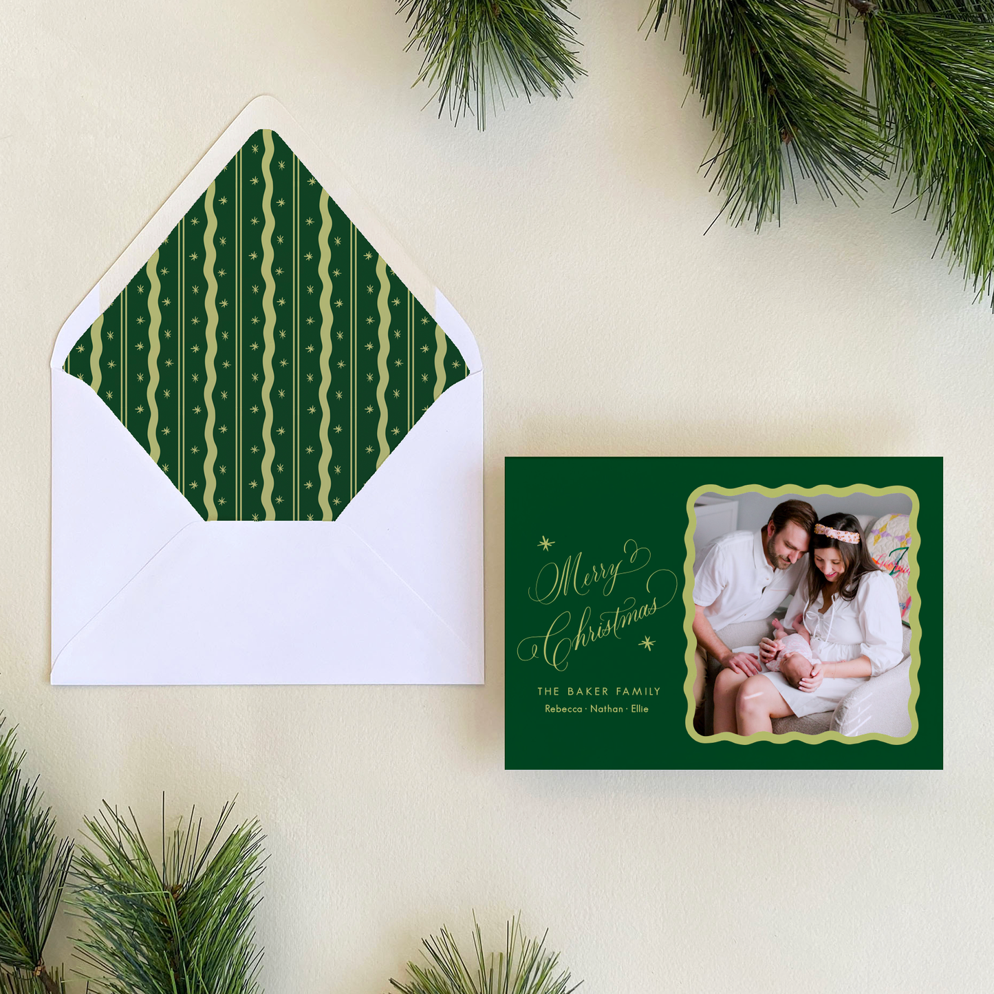Merry Merry Holiday Card, Forest and Chartreuse - Landscape