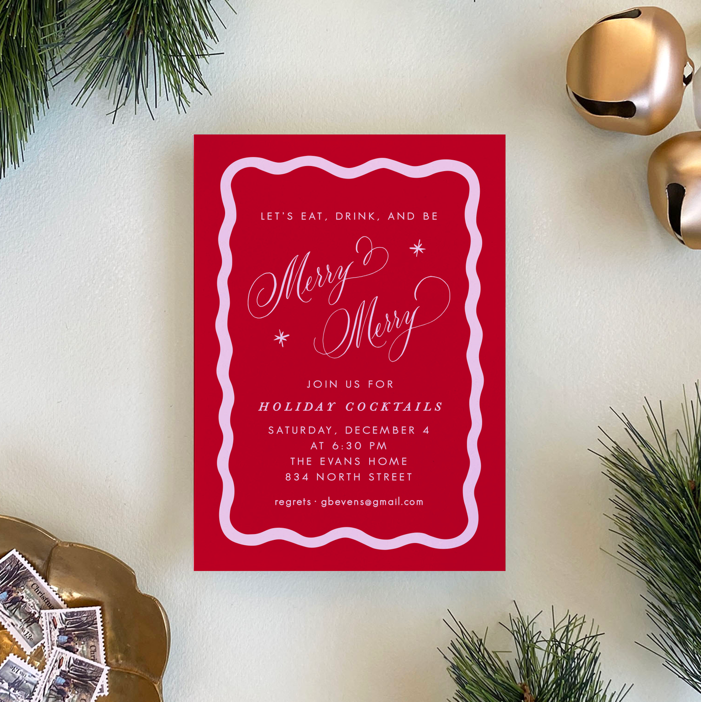 Squiggle Border Invitation, Red and Pink