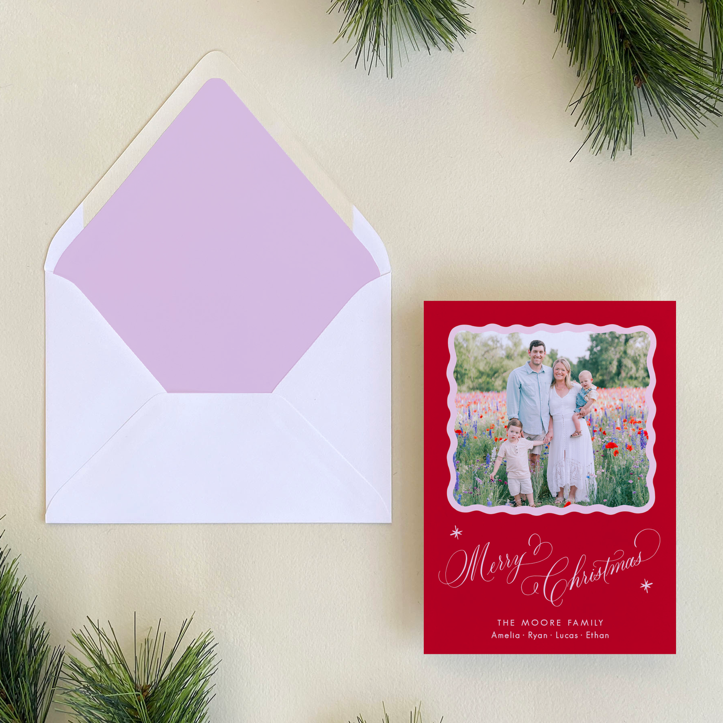Merry Merry Holiday Card, Red and Pink - Portrait