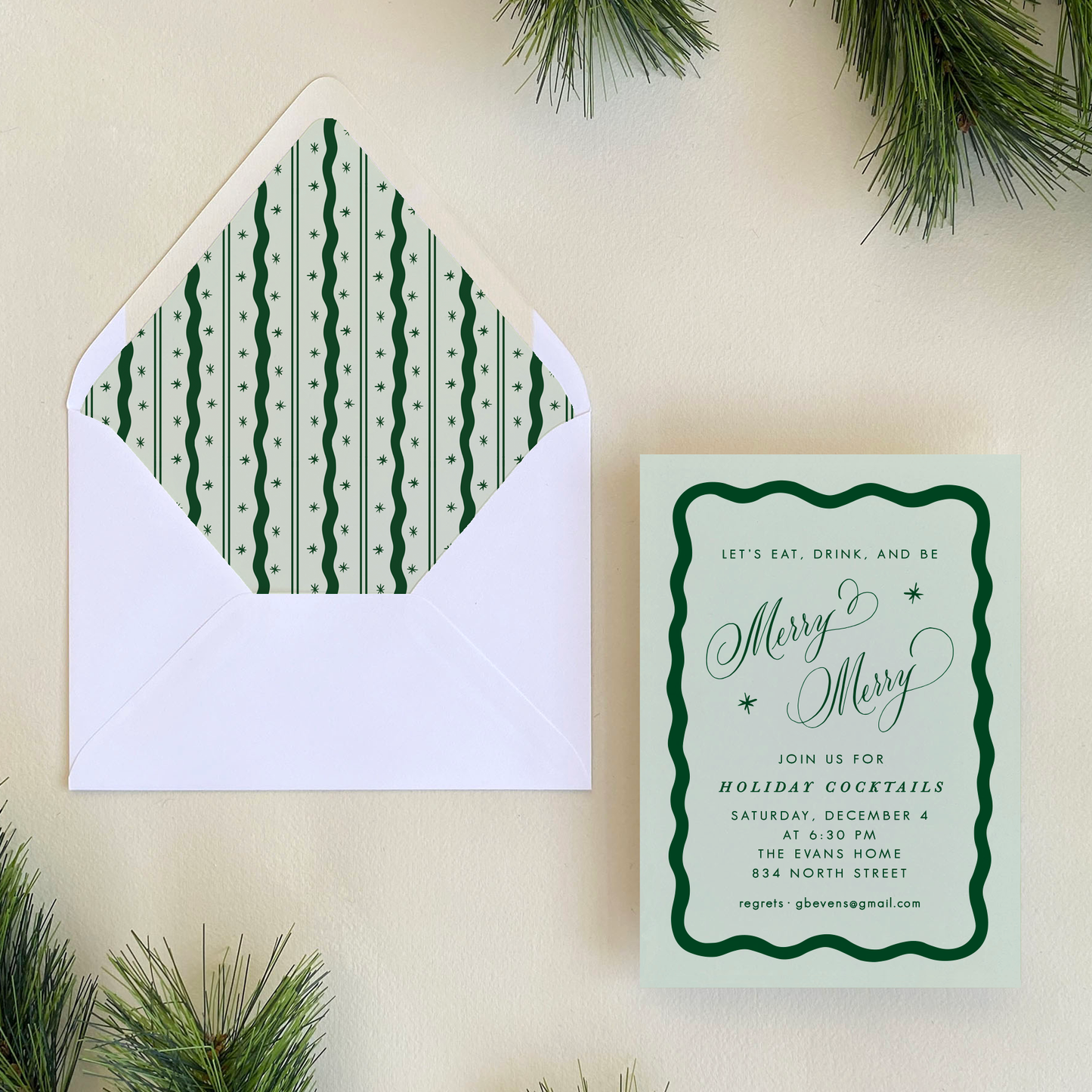 Squiggle Border Invitation, Pistachio and Forest