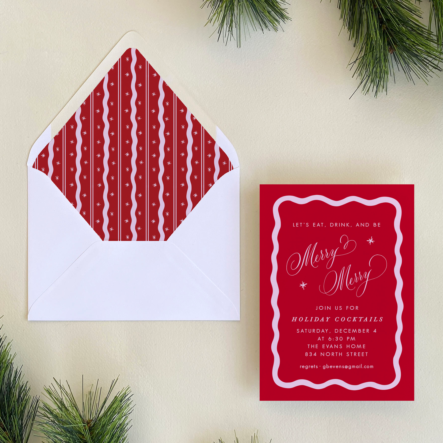 Squiggle Border Invitation, Red and Pink