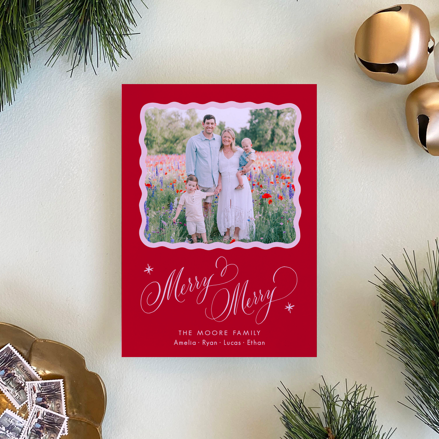 Merry Merry Holiday Card, Red and Pink - Portrait