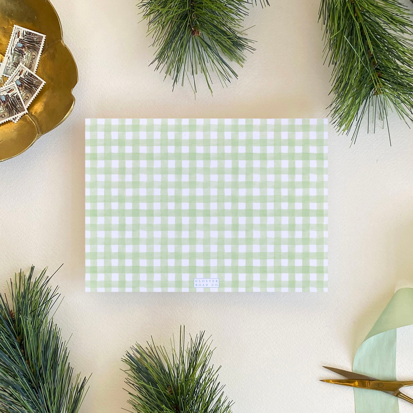 Norway Spruce Gingham Holiday Card, Landscape