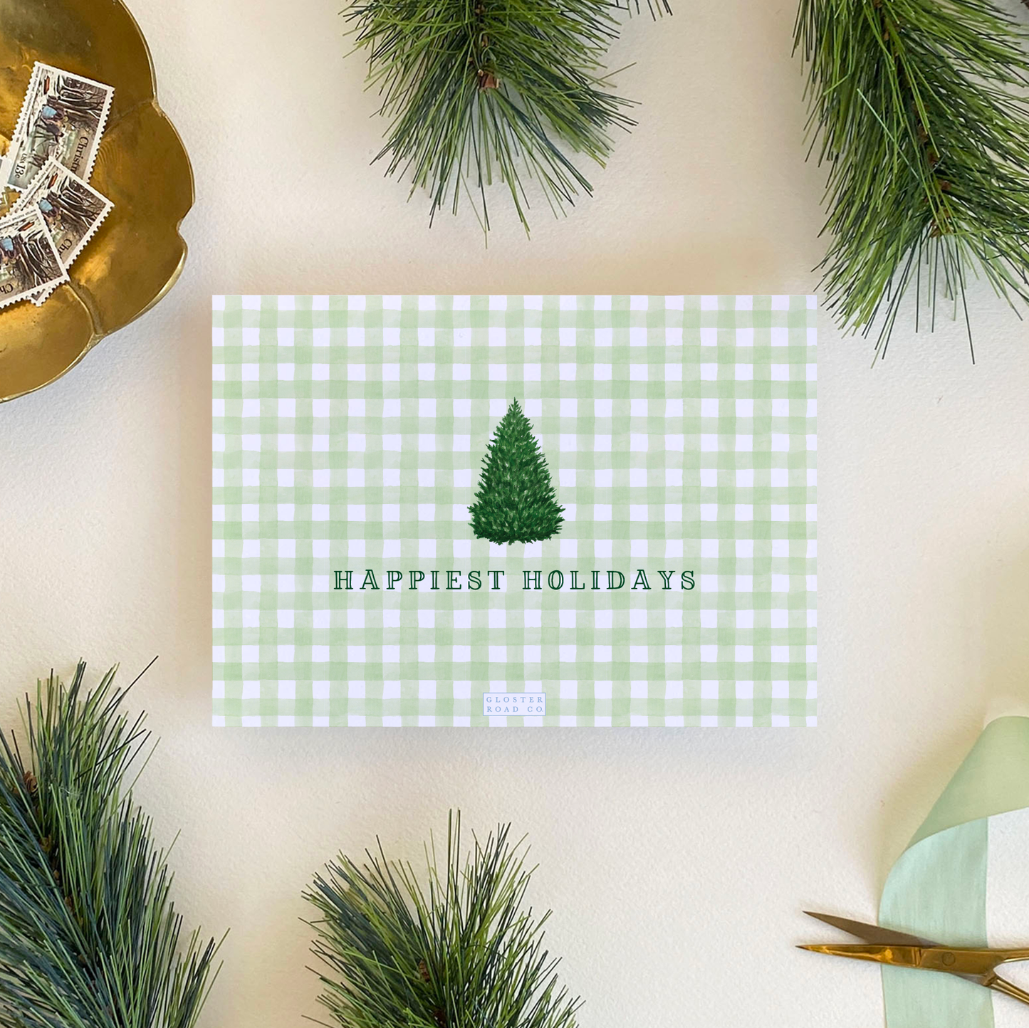 Norway Spruce Gingham Holiday Card, Landscape